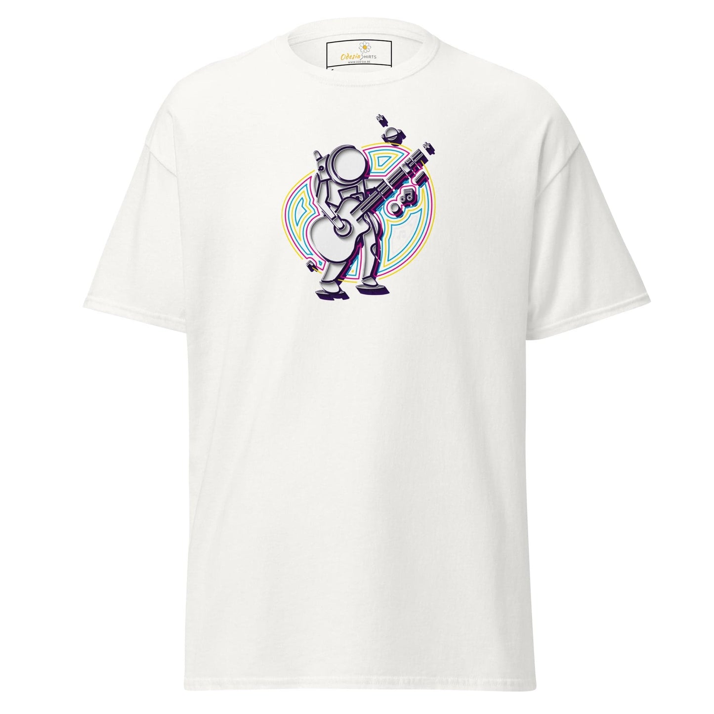White T-shirt featuring an astronaut graphic from T-SHIRT DESIGN TEE for Men and Women