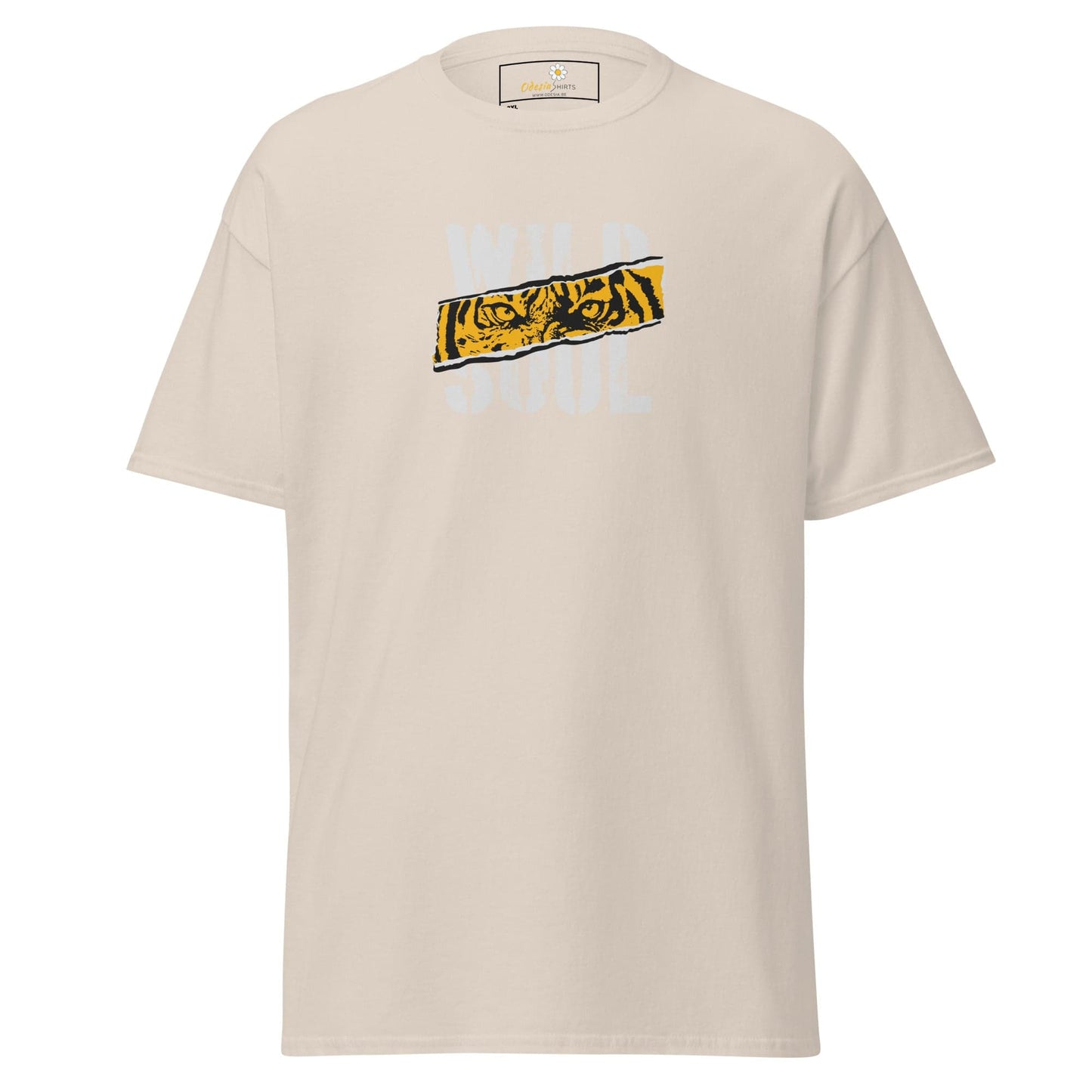 Beige t-shirt with tiger eyes graphic.