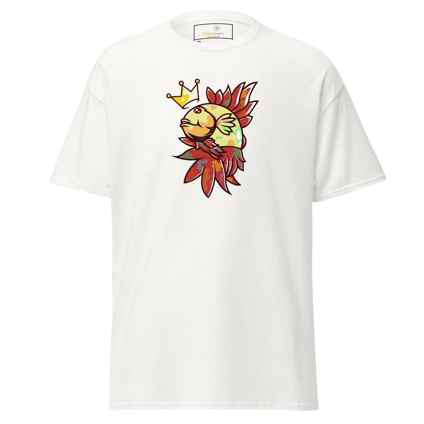 White T-shirt with fish wearing a crown, available in 2XL to 5XL for men and women