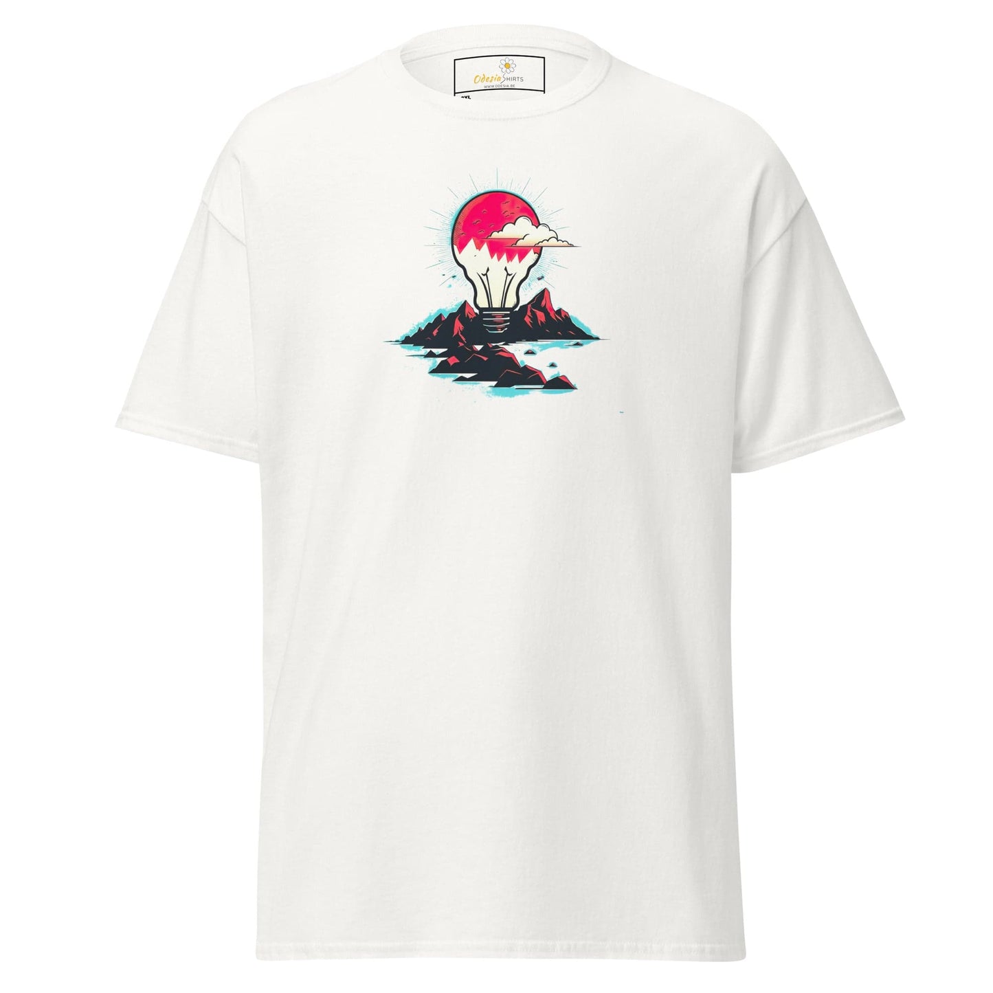 White T-shirt with lightbulb graphic, ideal for men and women in sizes 2XL to 5XL