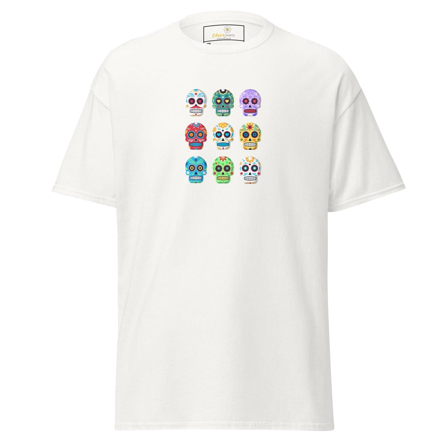 White T-shirt with colorful skull designs, ideal for Men and Women, 2XL to 5XL sizes