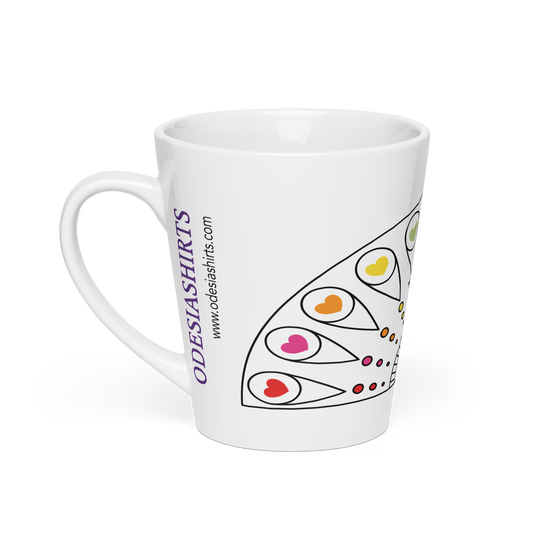White mug with heart design.