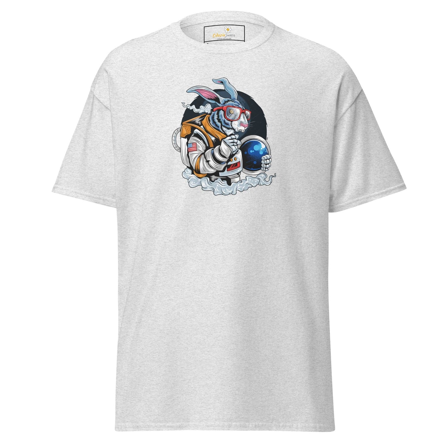 White T-shirt with astronaut rabbit graphic for men and women, available in sizes S to XL