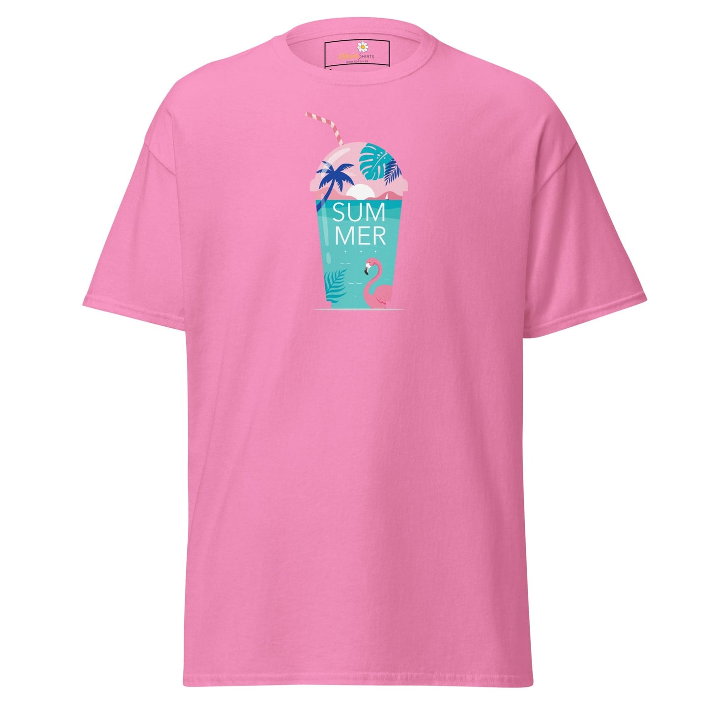 Pink T-shirt with summer drink graphic for men and women in sizes S to XL