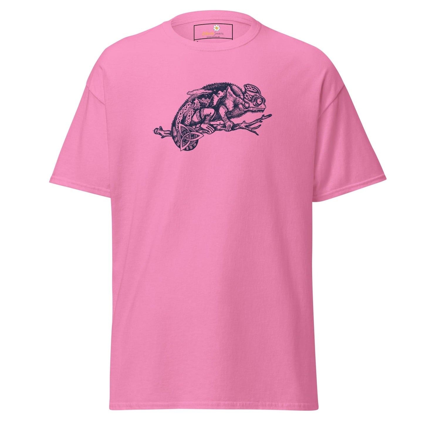 Pink T-shirt with chameleon graphic for men and women in size S to XL