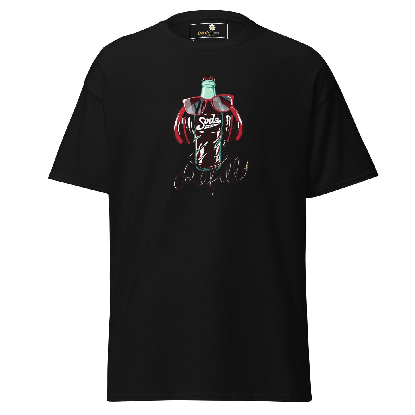 Black T-shirt with soda bottle graphic for men and women in sizes S to XL
