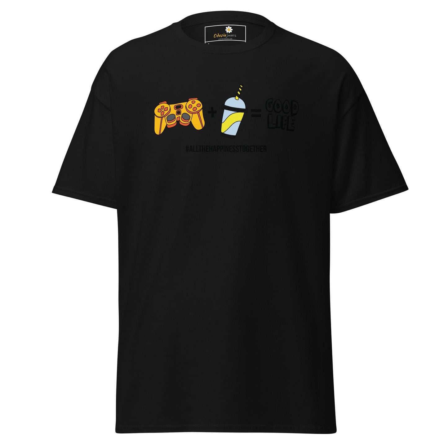 Black t-shirt with gaming controller and drink graphic for men and women in sizes S to XL