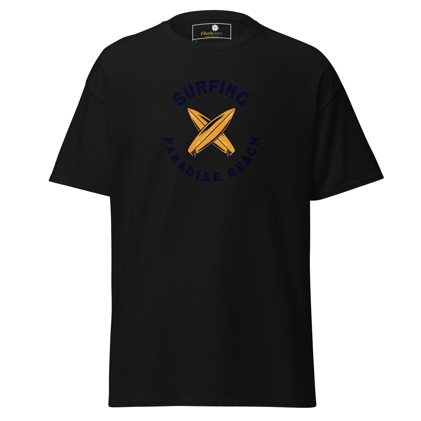 Black T-shirt with surfing design, available in S to XL for men and women
