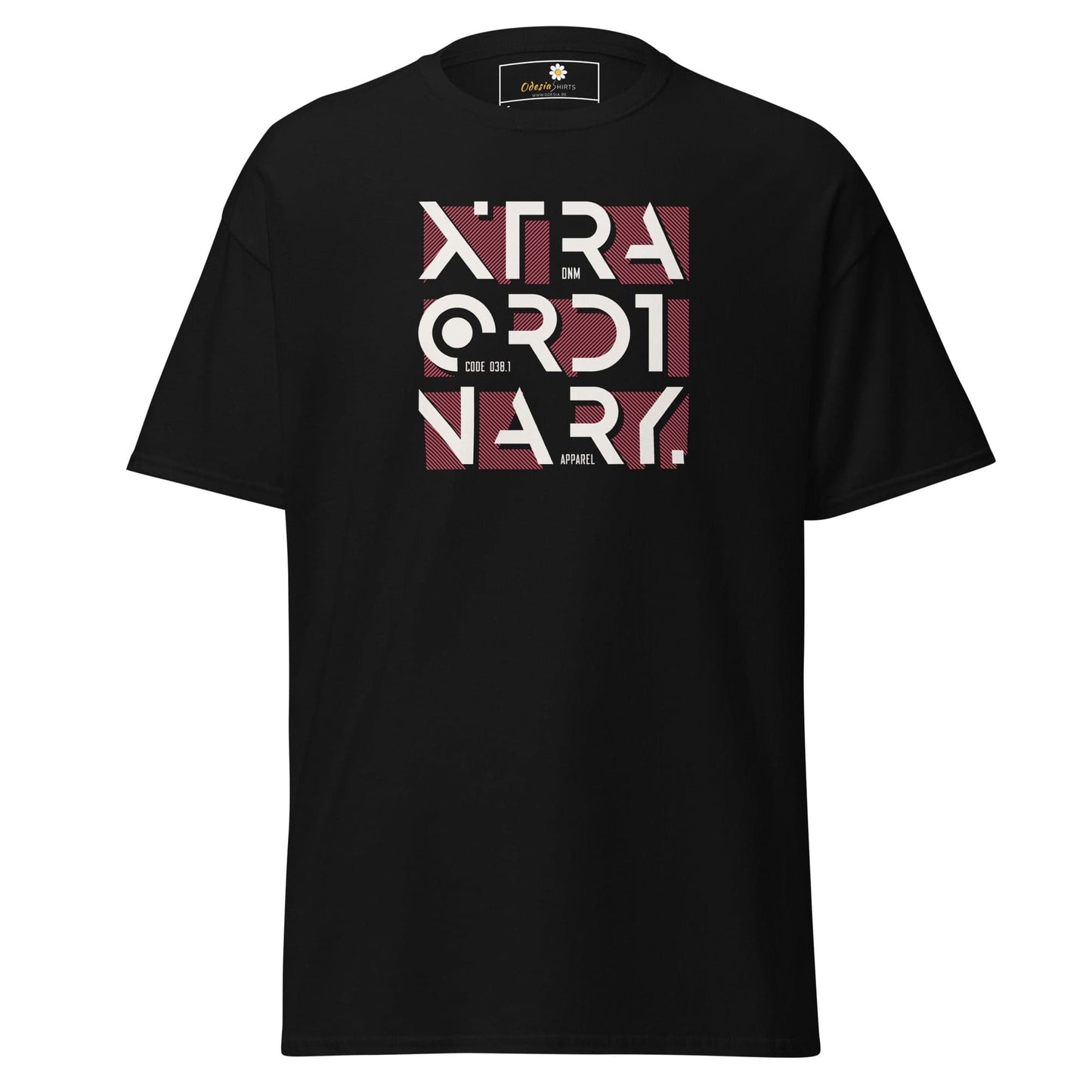 Black T-shirt with graphic design for men and women, available in sizes S to XL