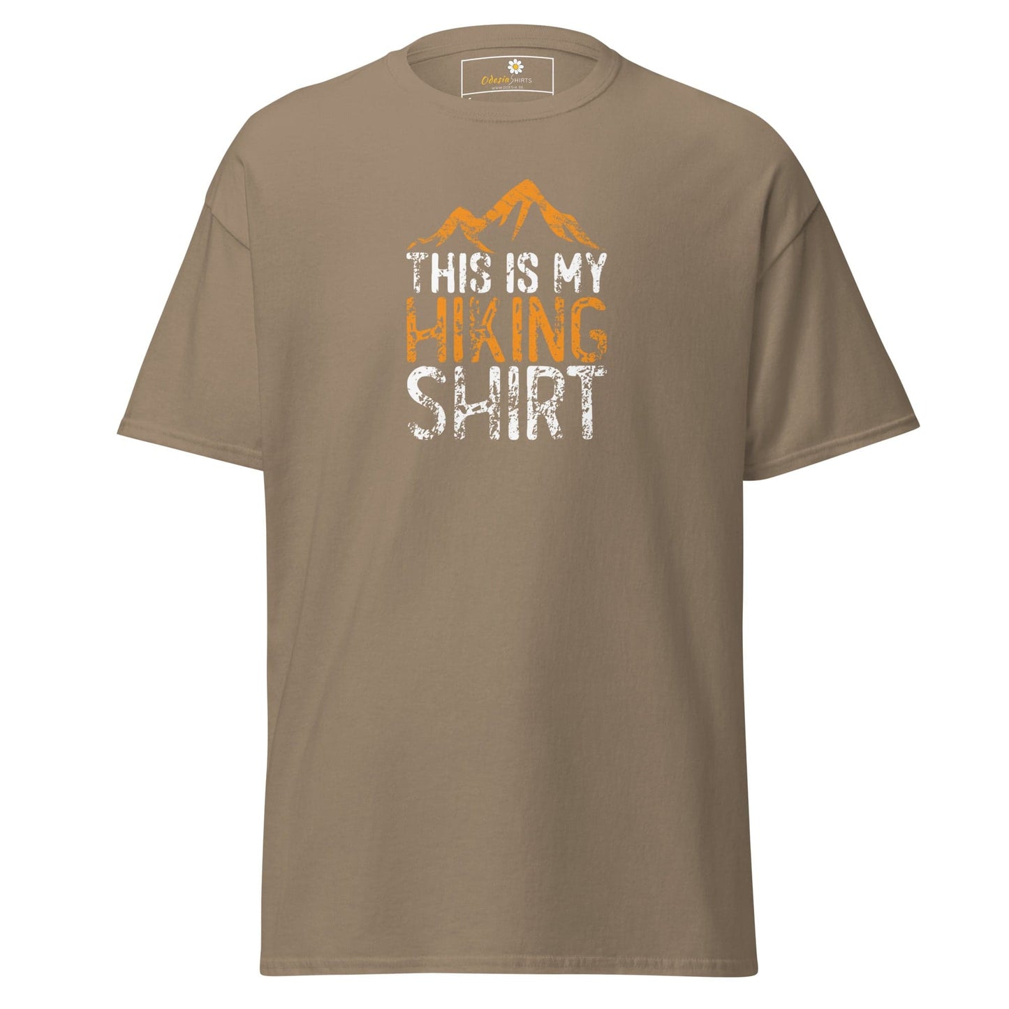 Khaki t-shirt with hiking graphic for men and women in sizes S to XL