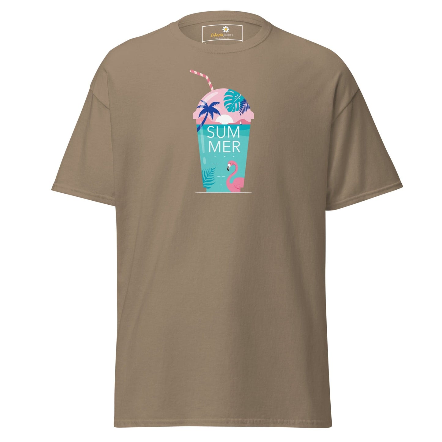 Khaki T-shirt featuring summer drink graphic for Men and Women, available in sizes S to XL