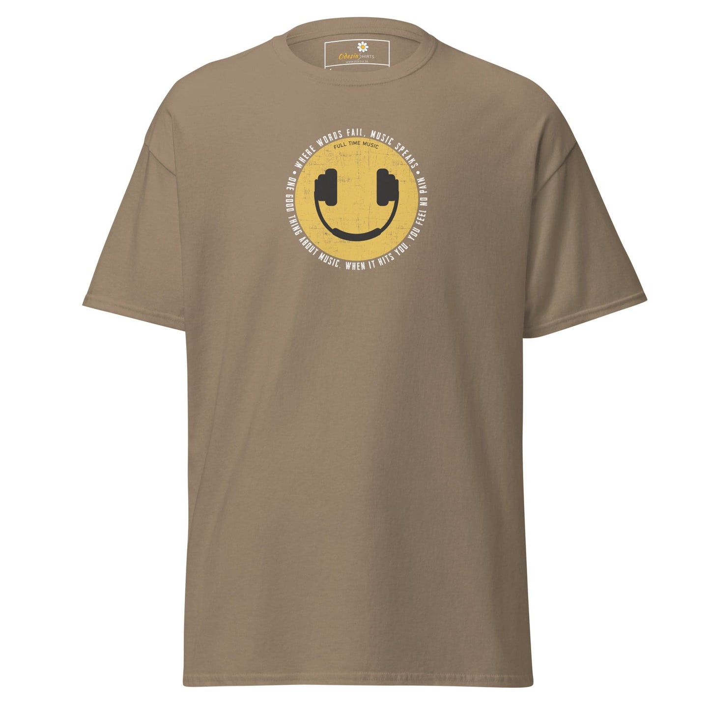 Khaki T-shirt with smiley face and headphones for men and women in S to XL sizes