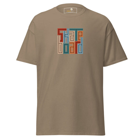 Khaki T-shirt with colorful block lettering displayed in T-SHIRT DESIGN TEE for men and women