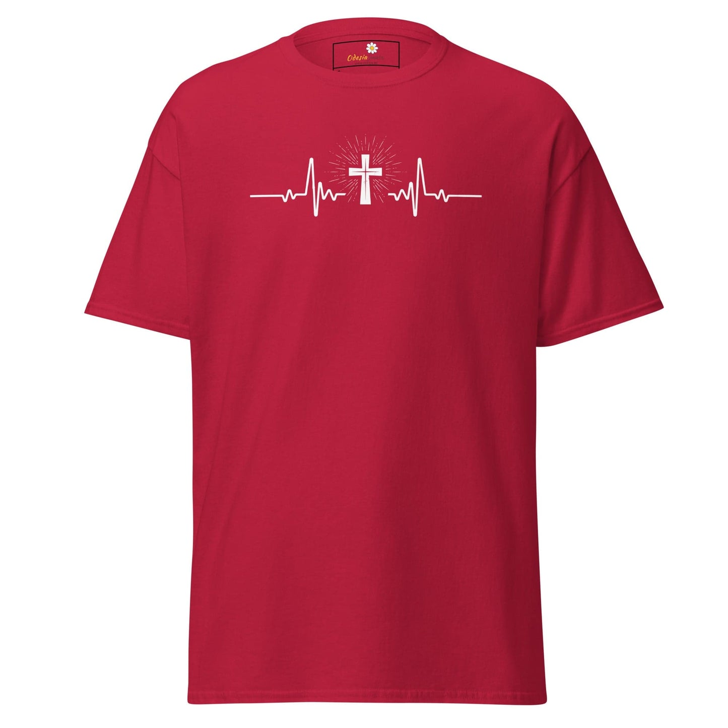 Red T-shirt with cross heartbeat design for men and women available in sizes S to XL