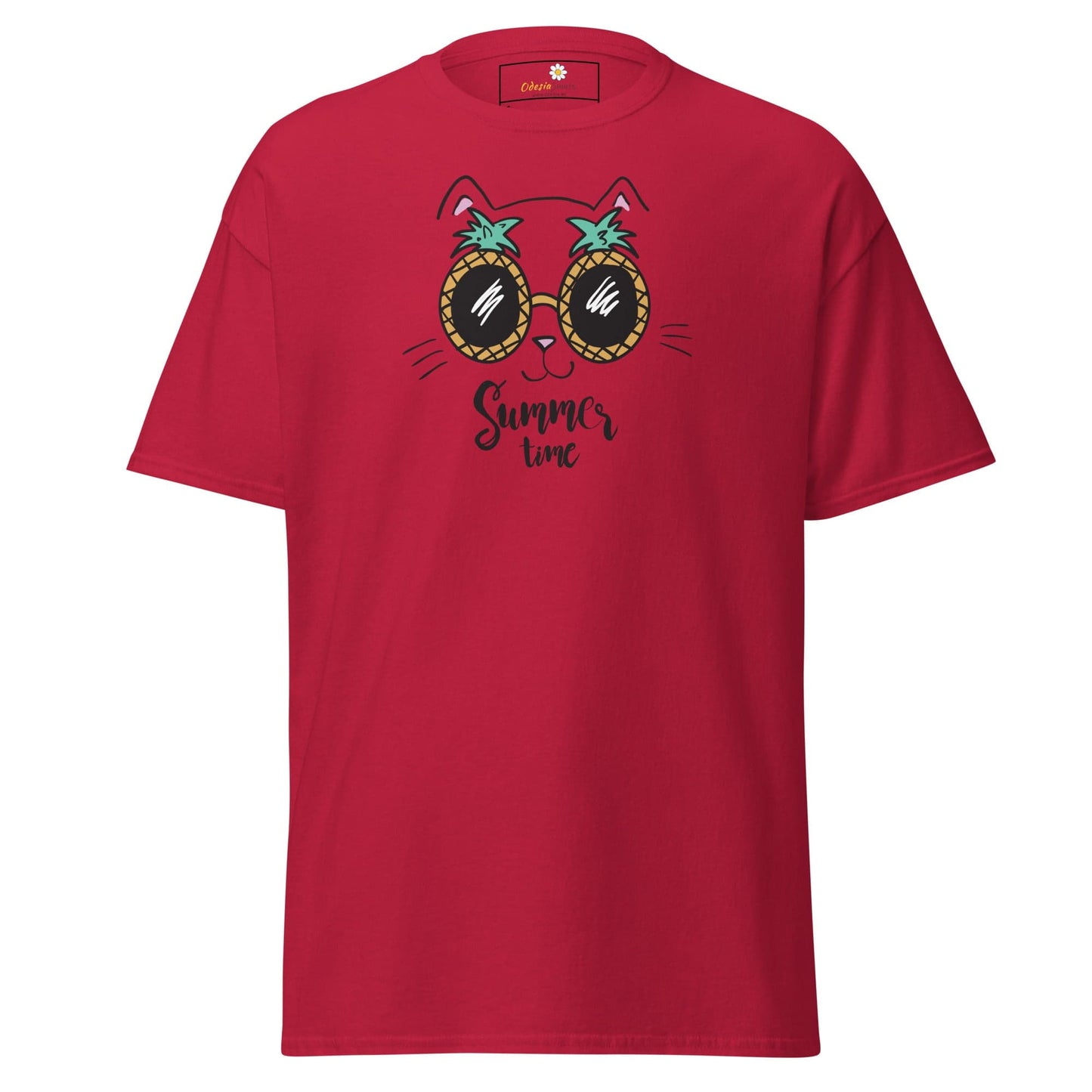 Red T-shirt featuring a cat wearing pineapple sunglasses, suitable for men and women sizes S to XL