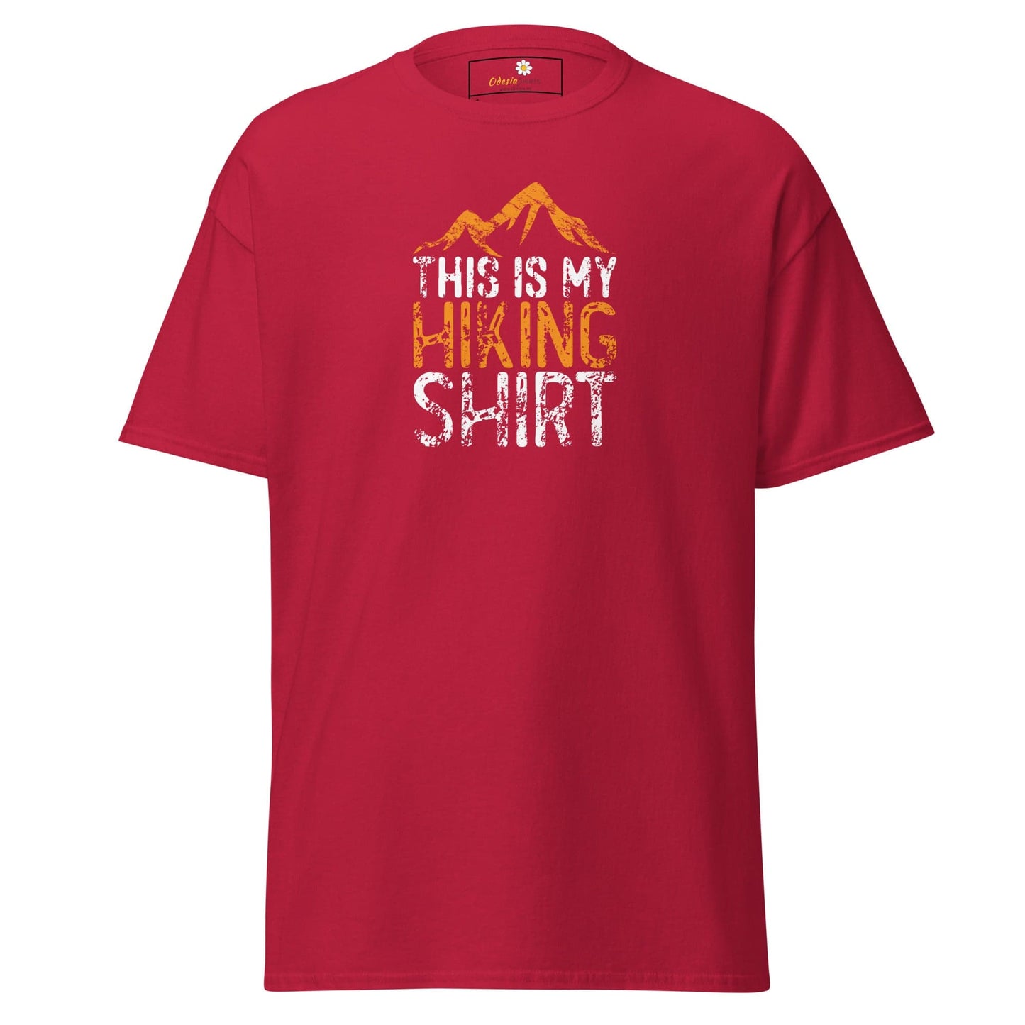 Red T-shirt with hiking graphic from T-SHIRT DESIGN TEE for men and women in sizes S to XL