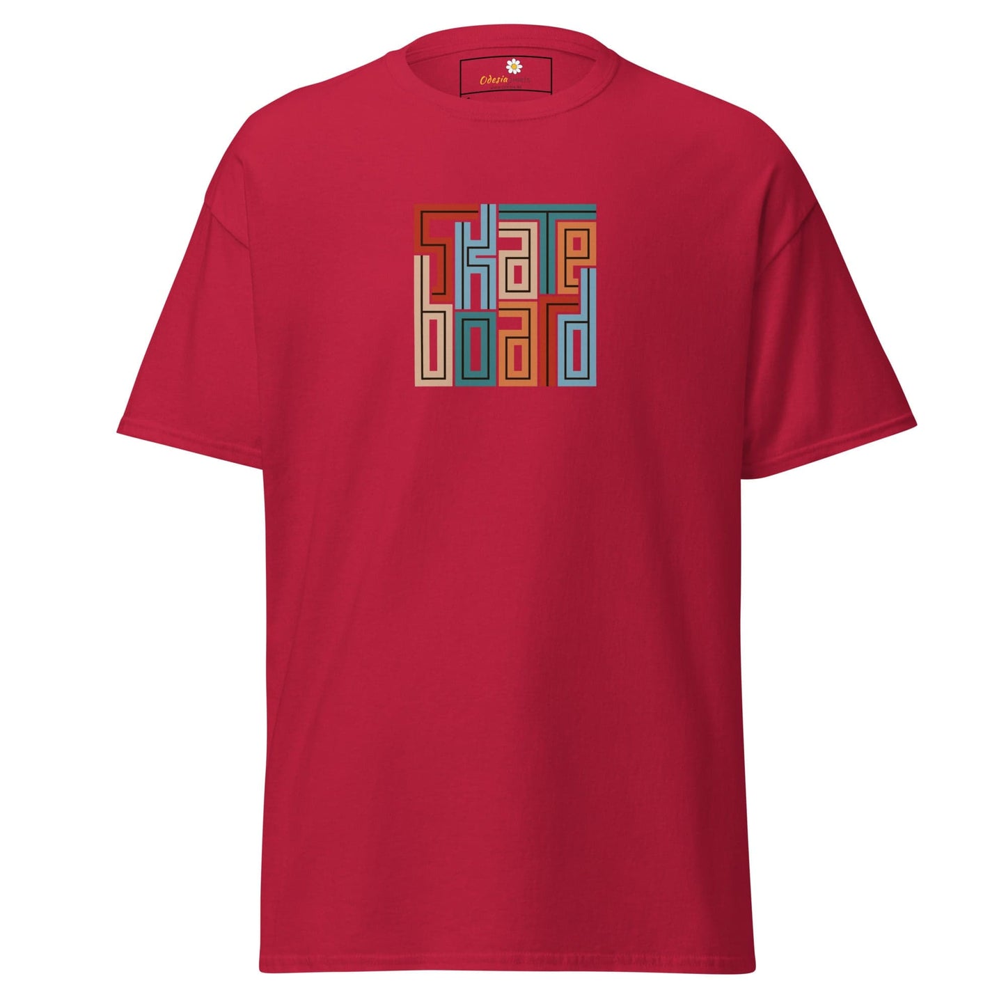 Red T-shirt with Skateboard graphic, suitable for men and women, available in sizes S to XL