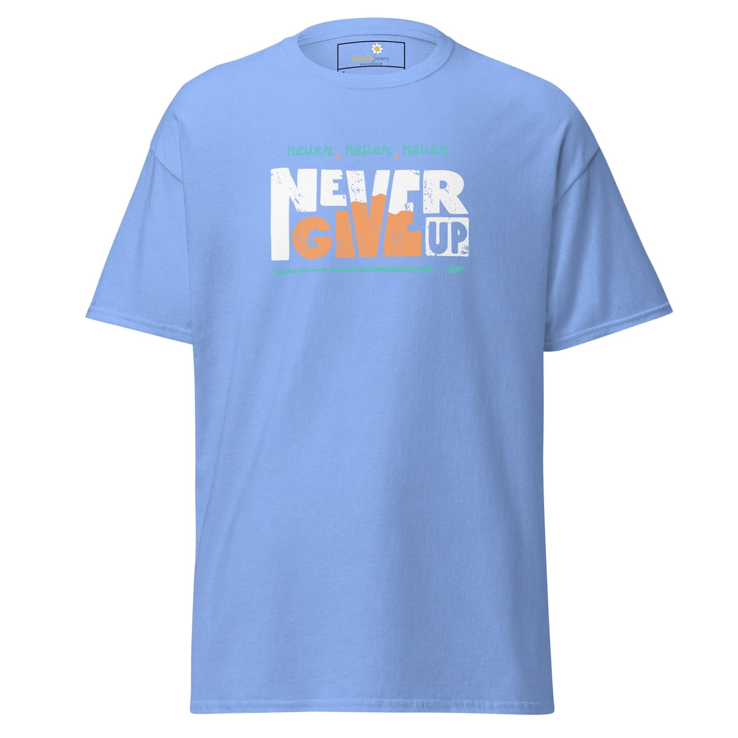 Light blue T-shirt with Never Give Up graphic, suitable for Men and Women S to XL