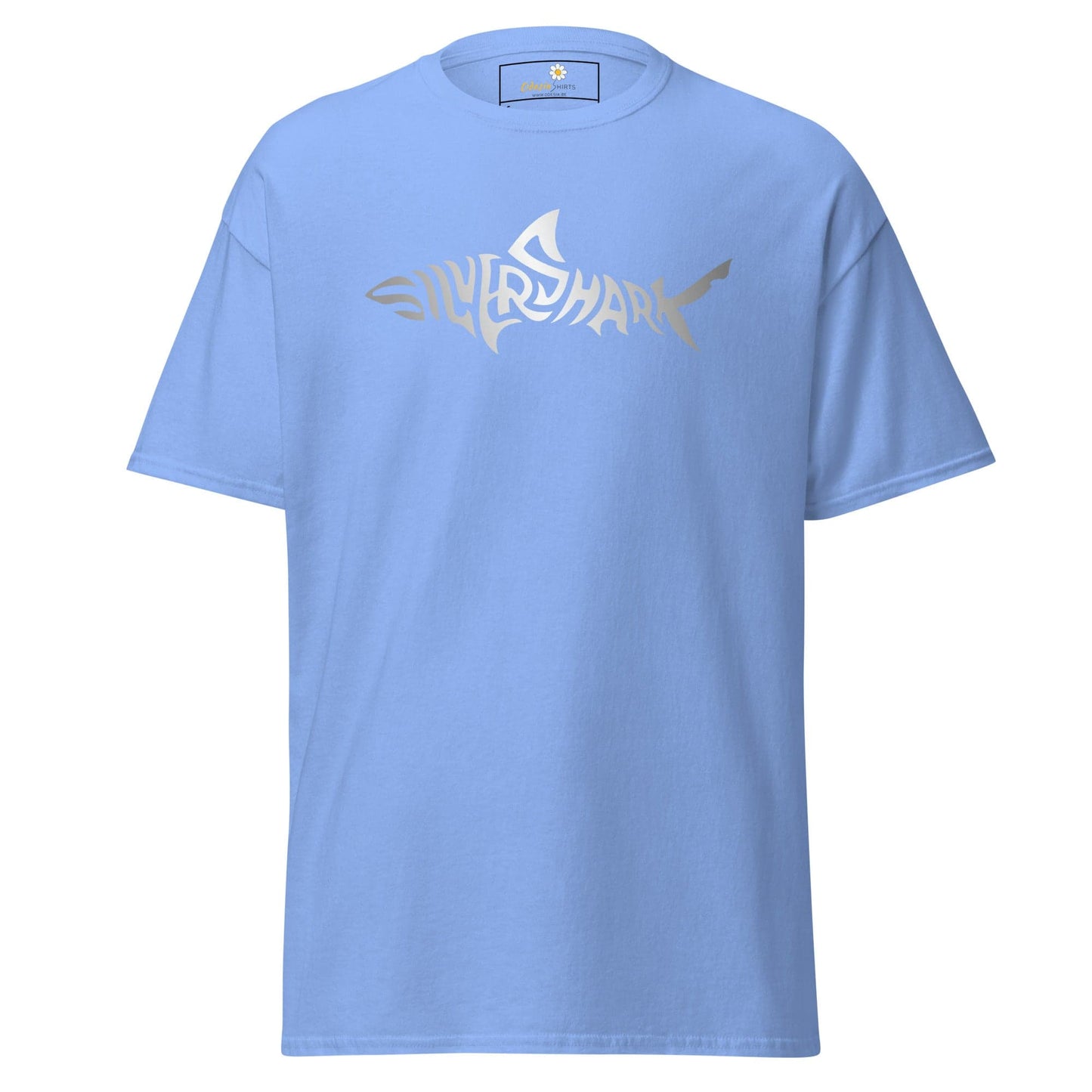 Light blue T-shirt with a shark design for men and women in sizes S to XL