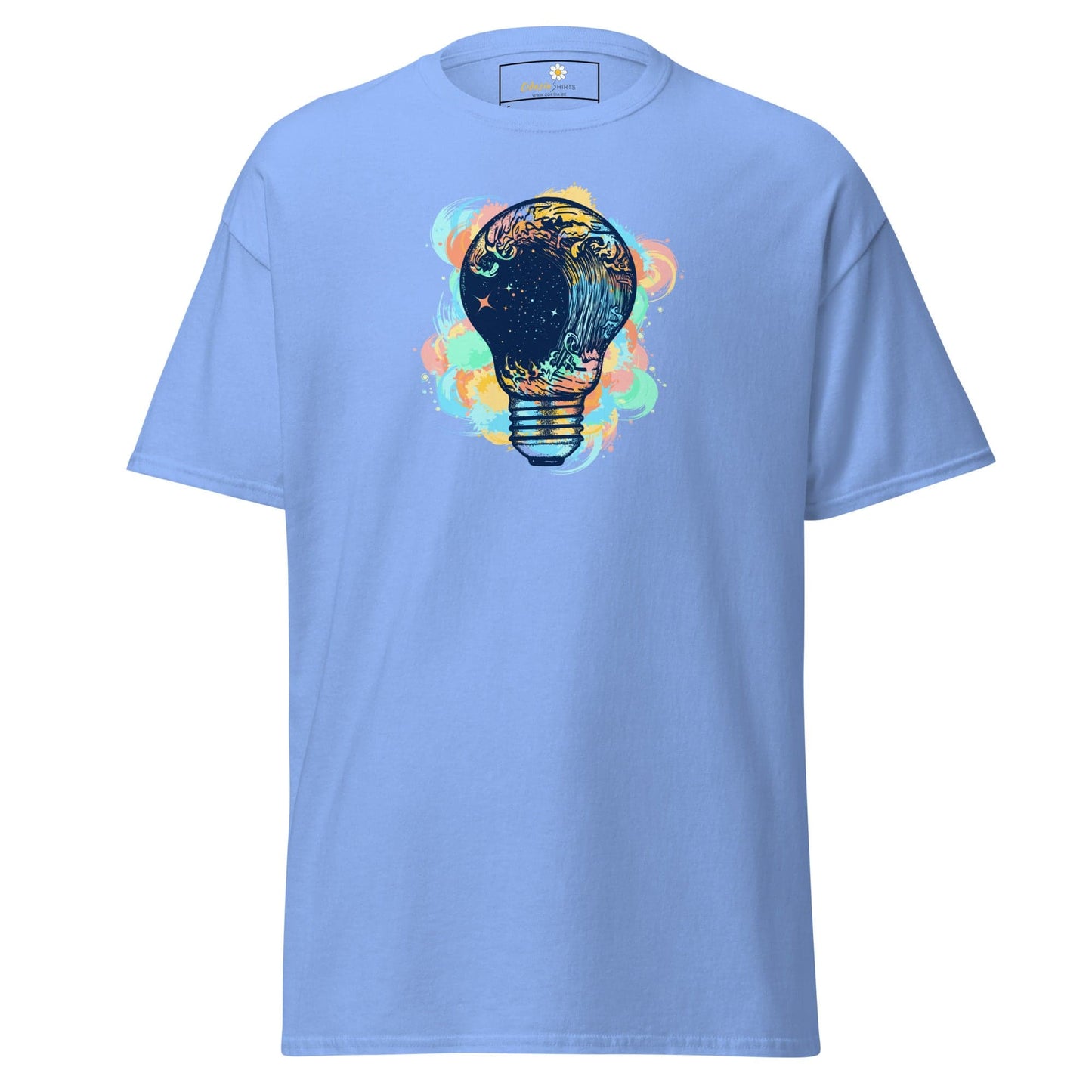 Light blue T-shirt with a lightbulb design for men and women available in sizes S to XL