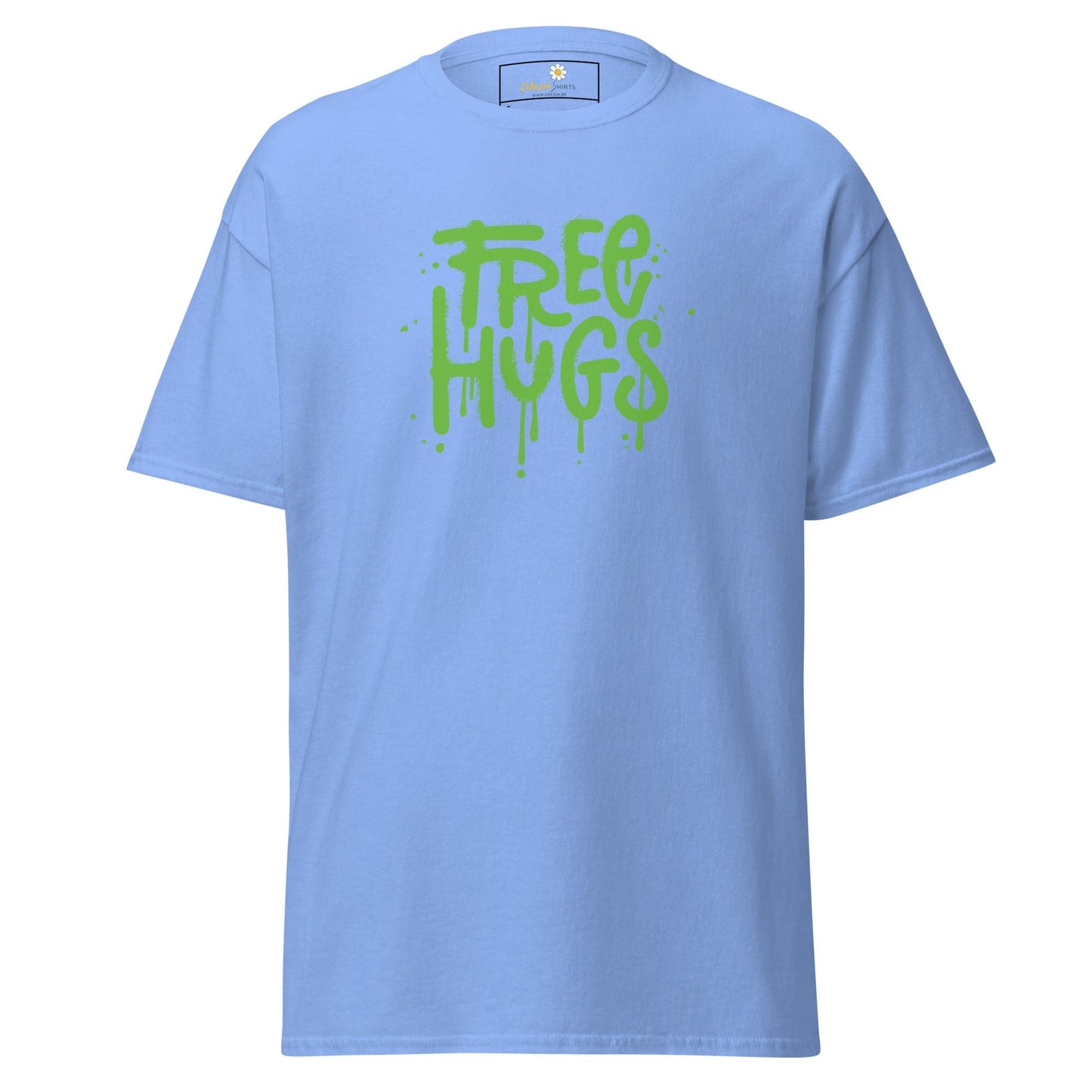 Light blue T-shirt with a green Free Hugs graphic for Men and Women sizes S to XL