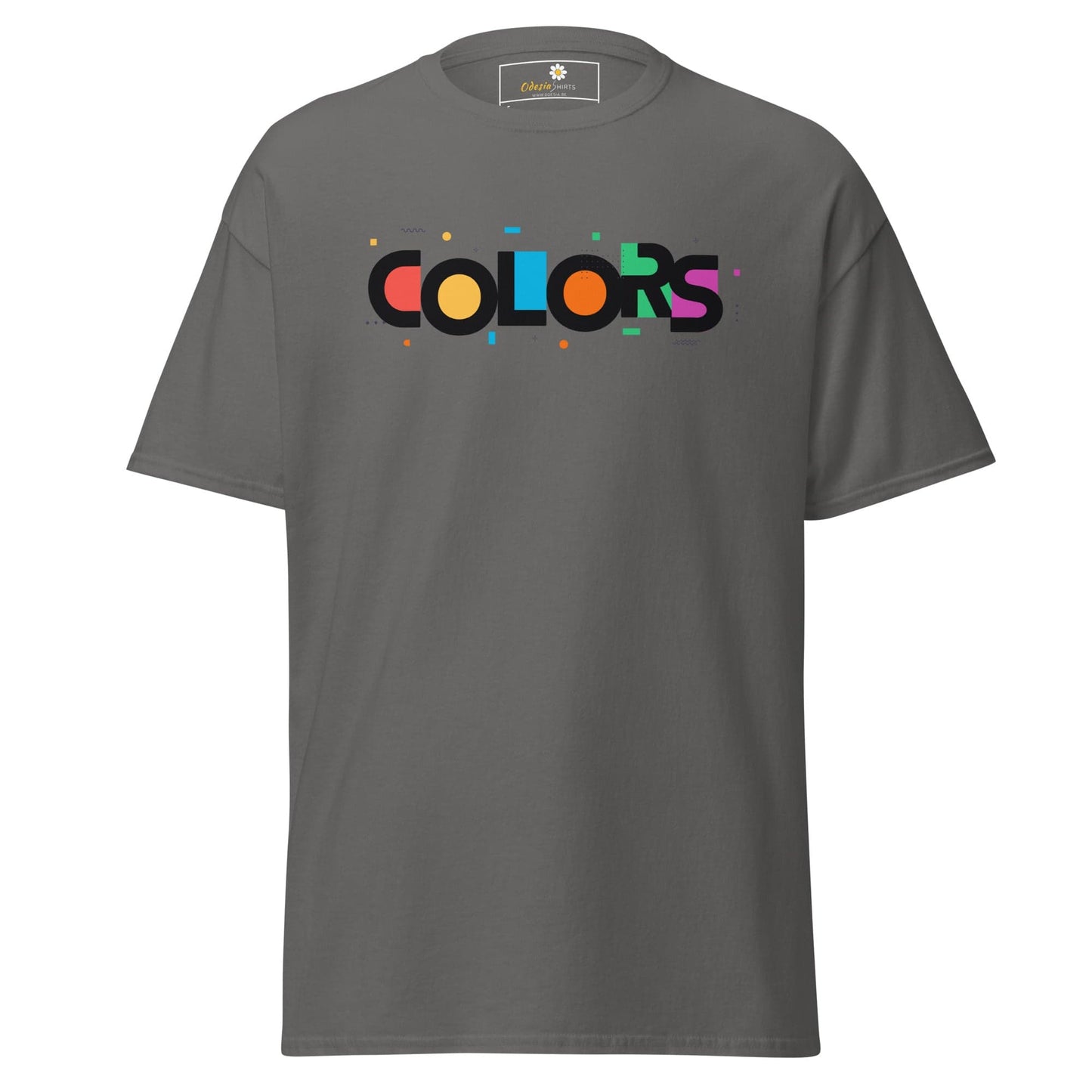 Gray T-shirt with colorful COLORS text, designed for men and women in S to XL sizes