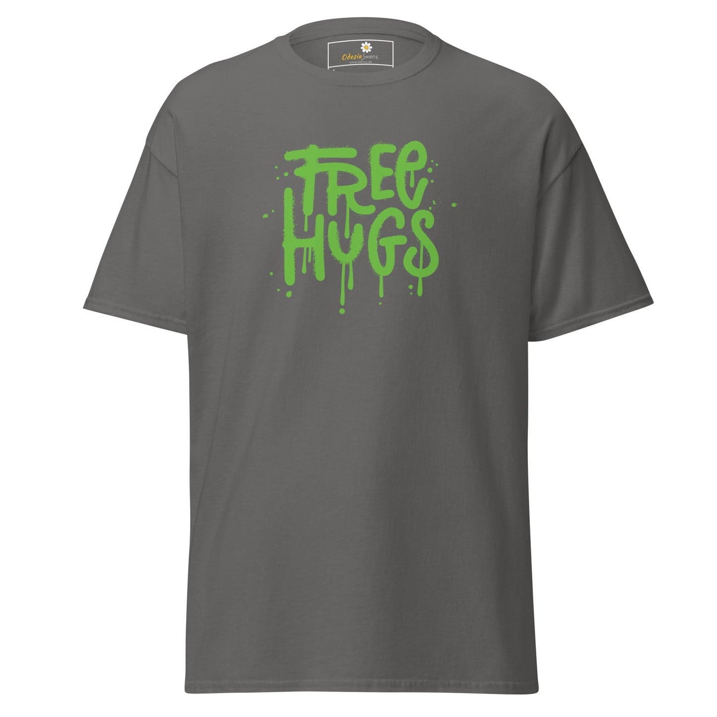 Gray T-shirt with green Free Hugs graphic for Men and Women in sizes S to XL