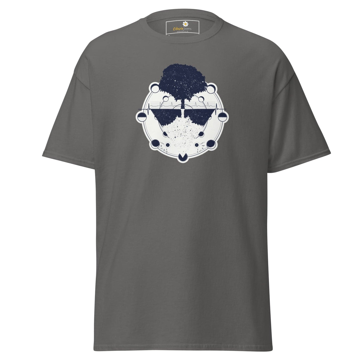 Gray T-shirt with tree graphic suitable for men and women, available in sizes S to XL