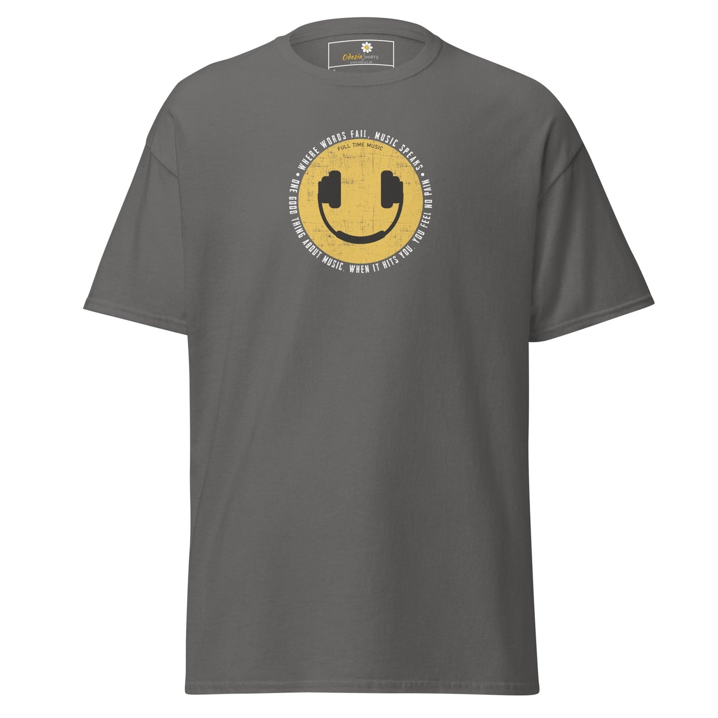 Gray T-shirt with a smiley face wearing headphones in the T-SHIRT DESIGN TEE collection