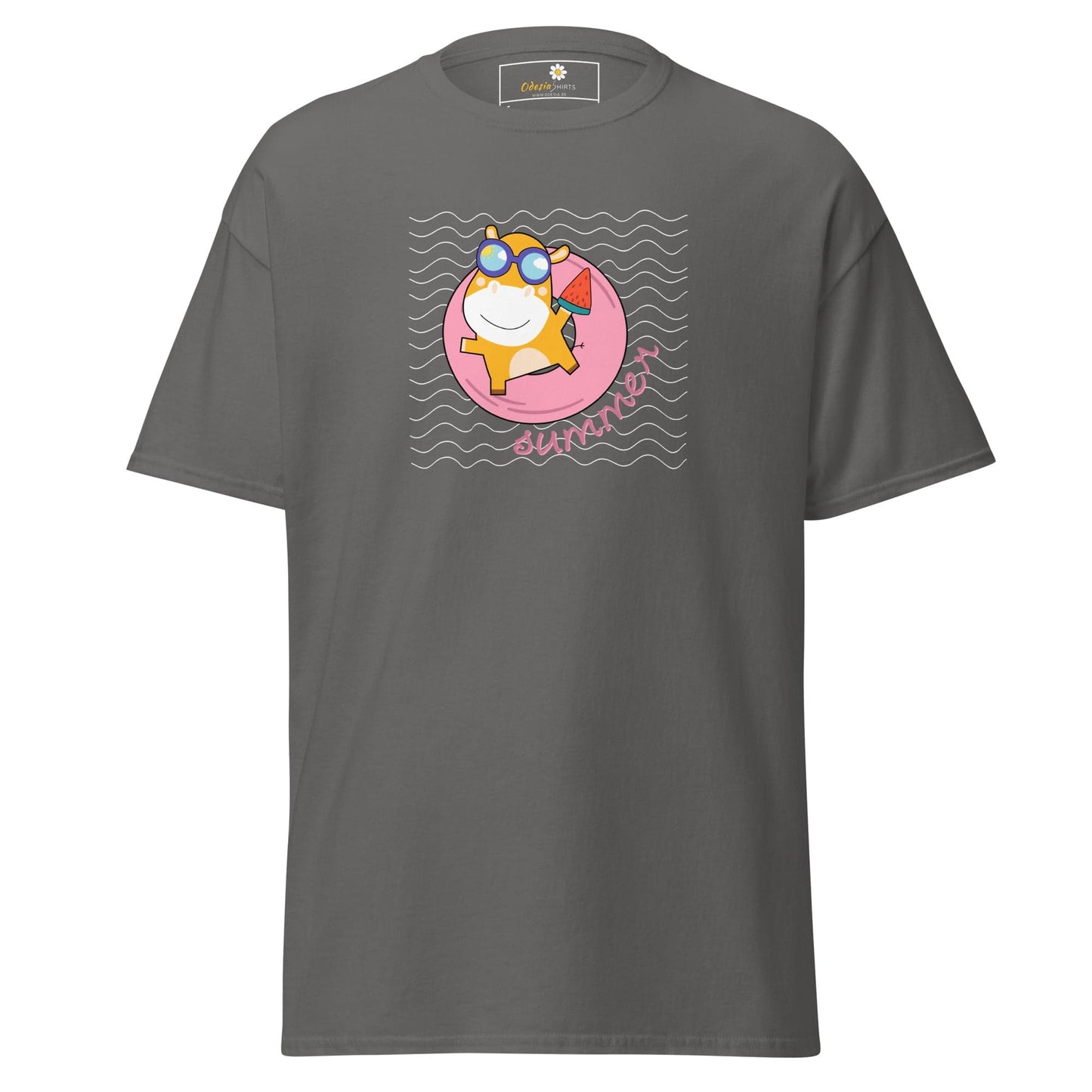Gray T-shirt with cartoon hippo design for men and women available in sizes S to XL