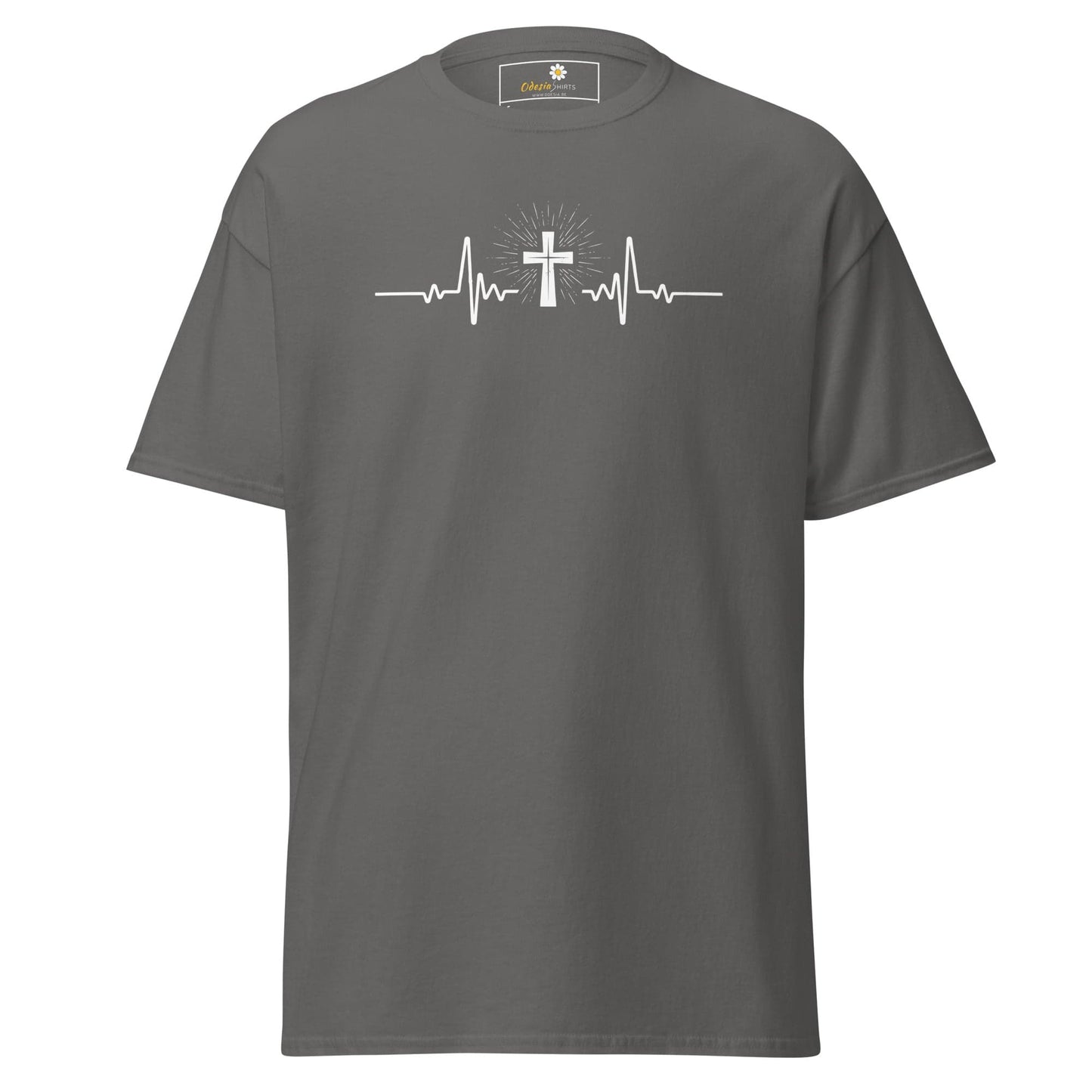 Gray T-shirt with cross heartbeat graphic from T-SHIRT DESIGN TEE for Men and Women
