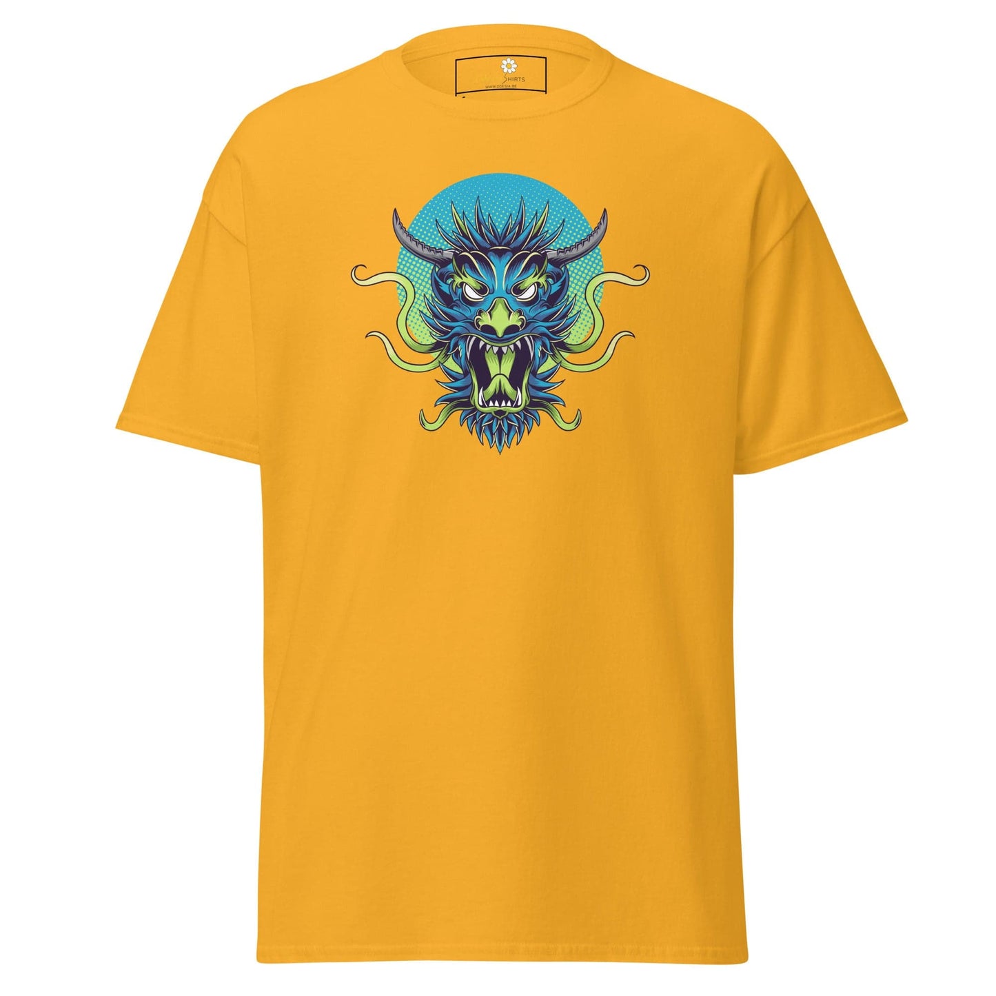 Yellow t-shirt with a dragon graphic for men and women in sizes S to XL