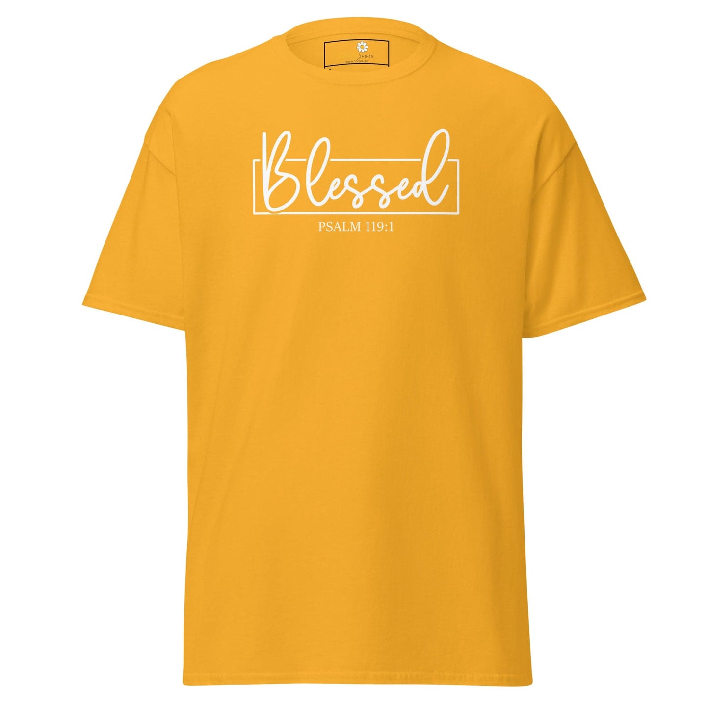 Yellow T-shirt with Blessed graphic for Men and Women available in sizes S to XL