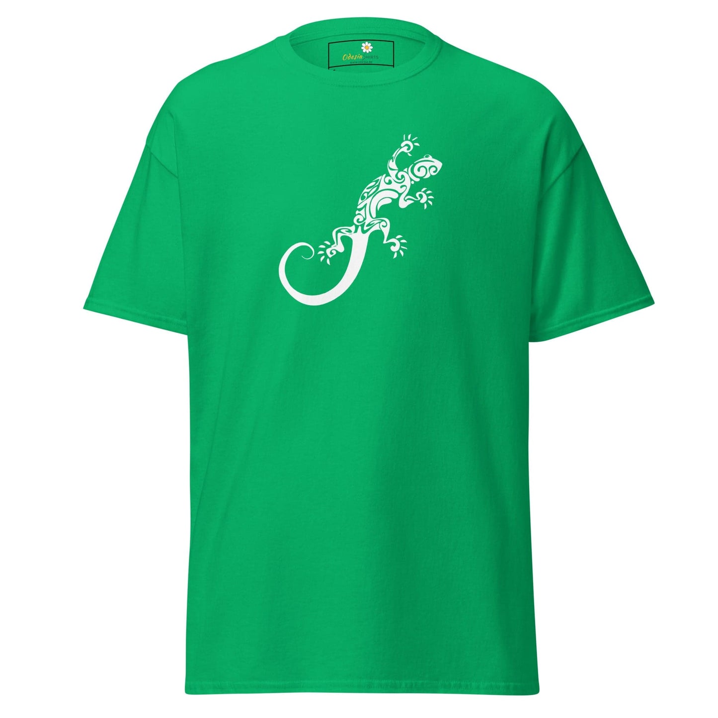 Green T-shirt with white lizard design displayed in T-SHIRT DESIGN TEE for men and women