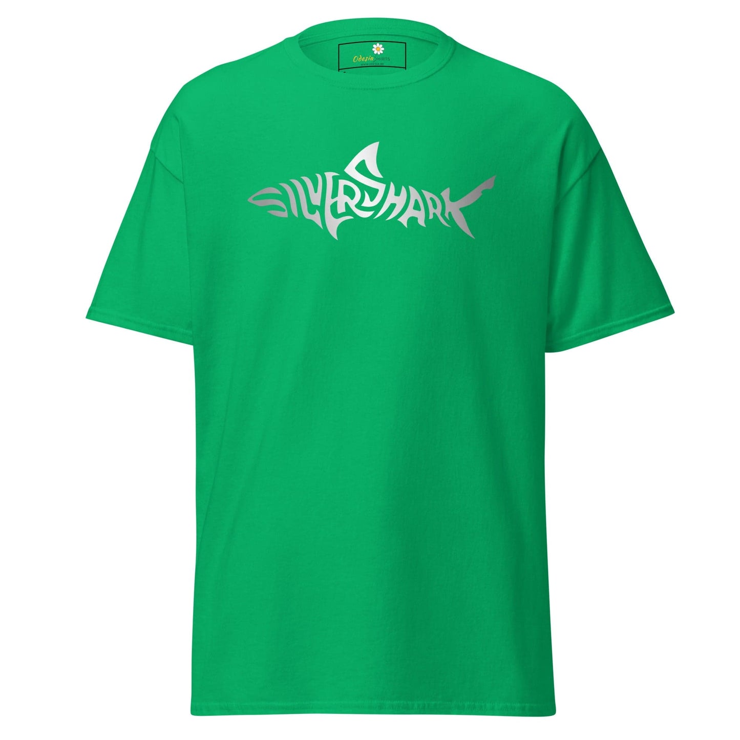 Green T-shirt with silver shark design for men and women in S to XL sizes