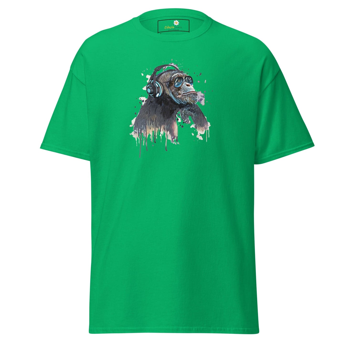 Green T-shirt with chimpanzee graphic, unisex design available in sizes S to XL