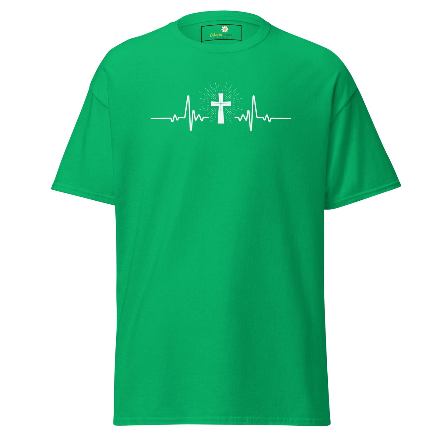 Green T-shirt with cross heartbeat design ideal for men and women, sizes S to XL