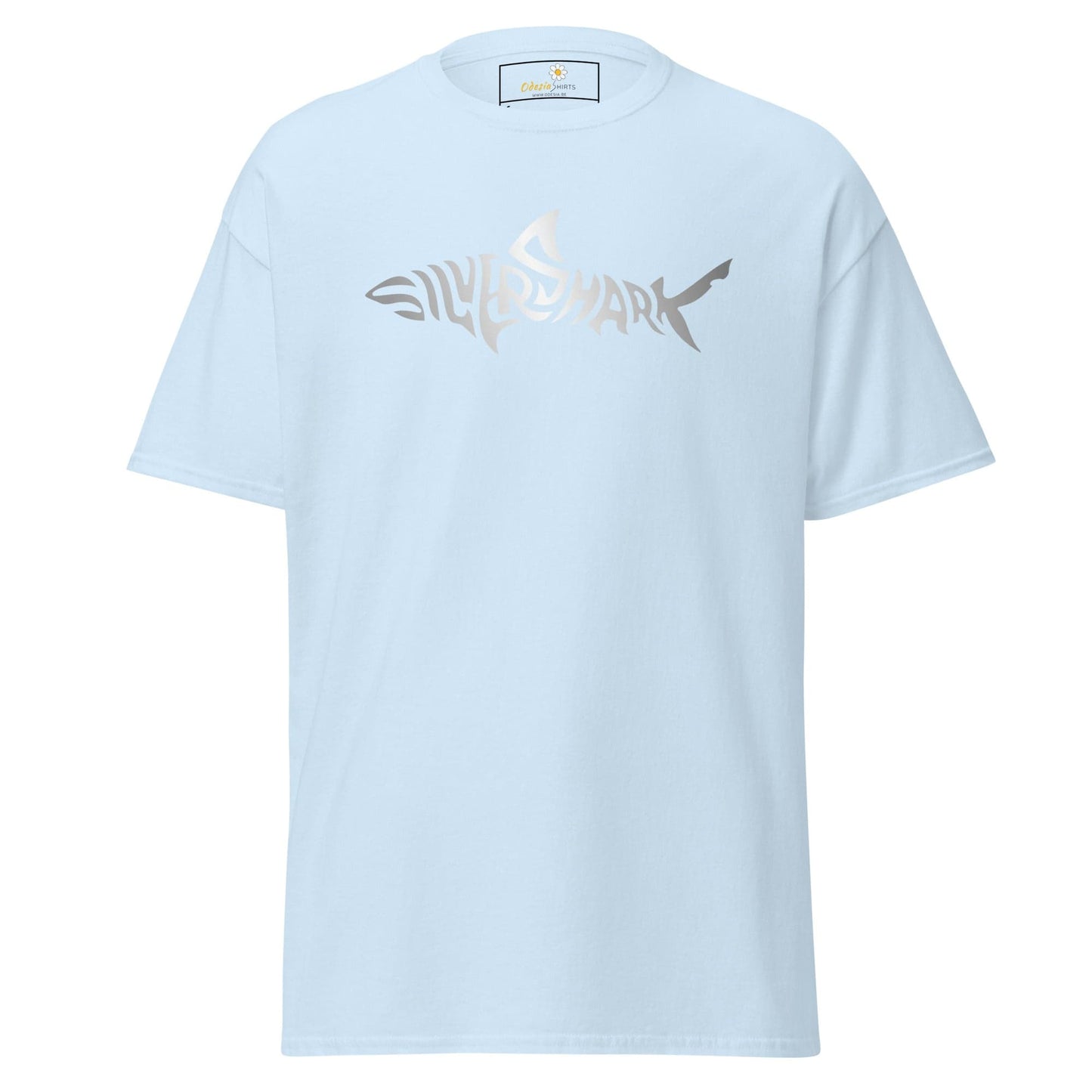 Light blue T-shirtdesign tee for men and women with a shark graphic in S to XL sizes