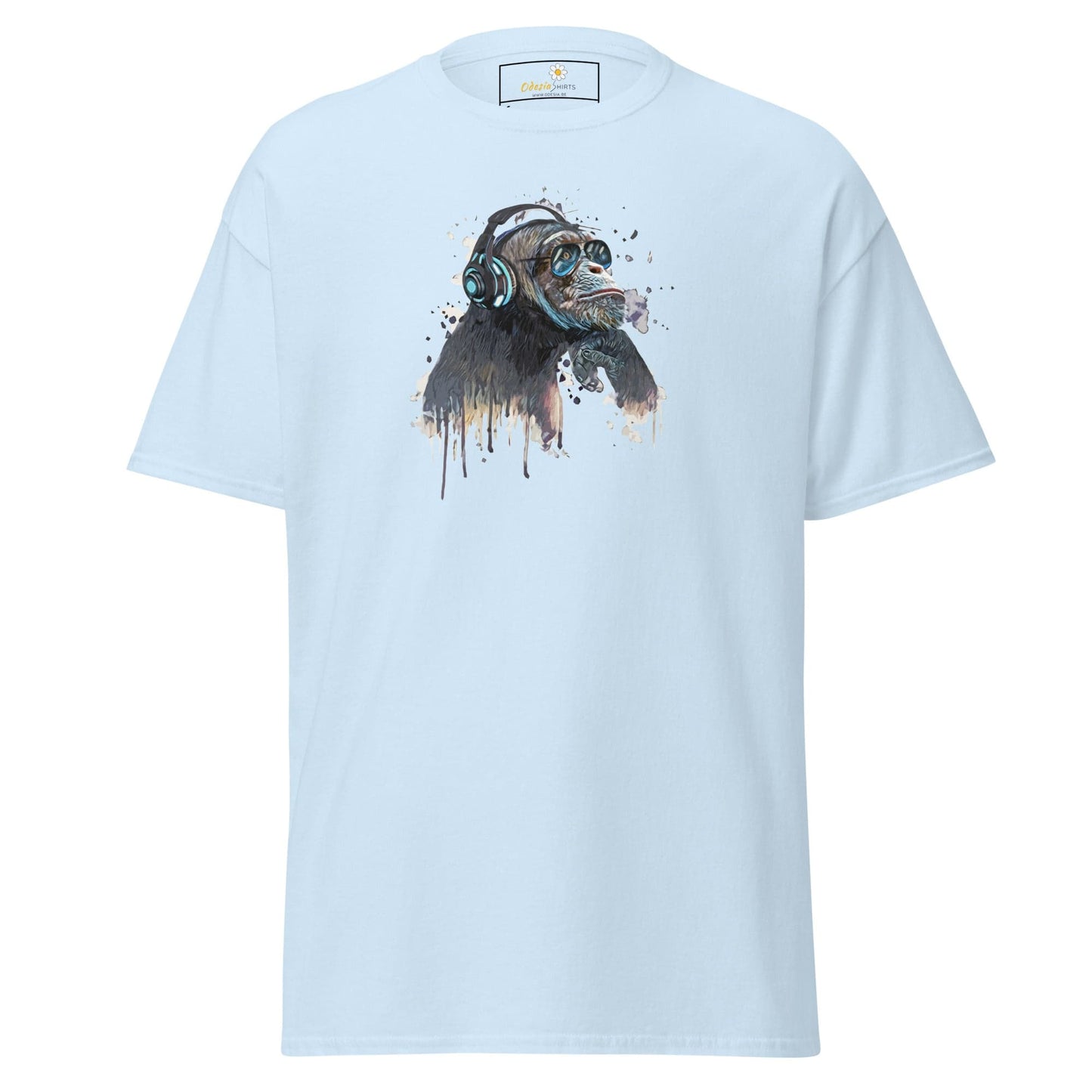 Light blue T-shirt featuring a monkey graphic for men and women in sizes S to XL