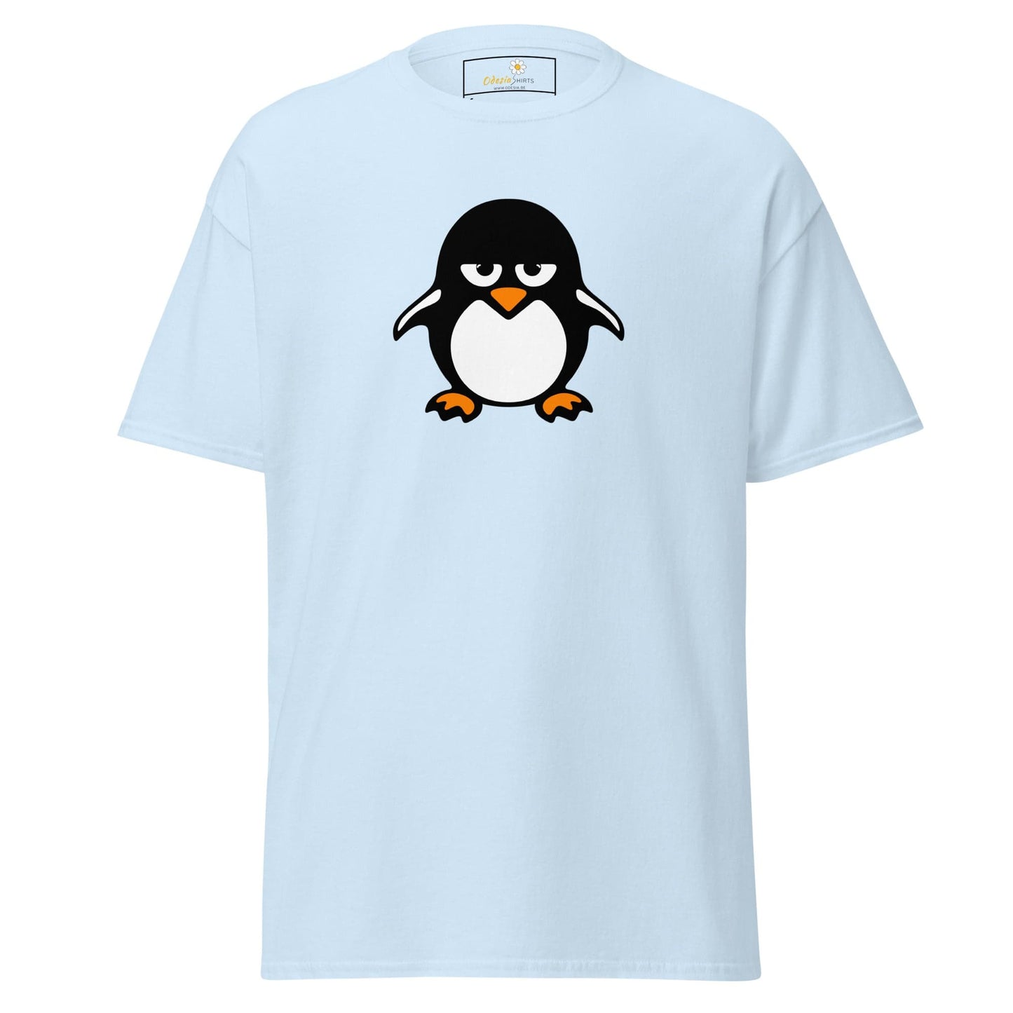 Light blue T-shirt with cartoon penguin illustration for men and women in sizes S to XL