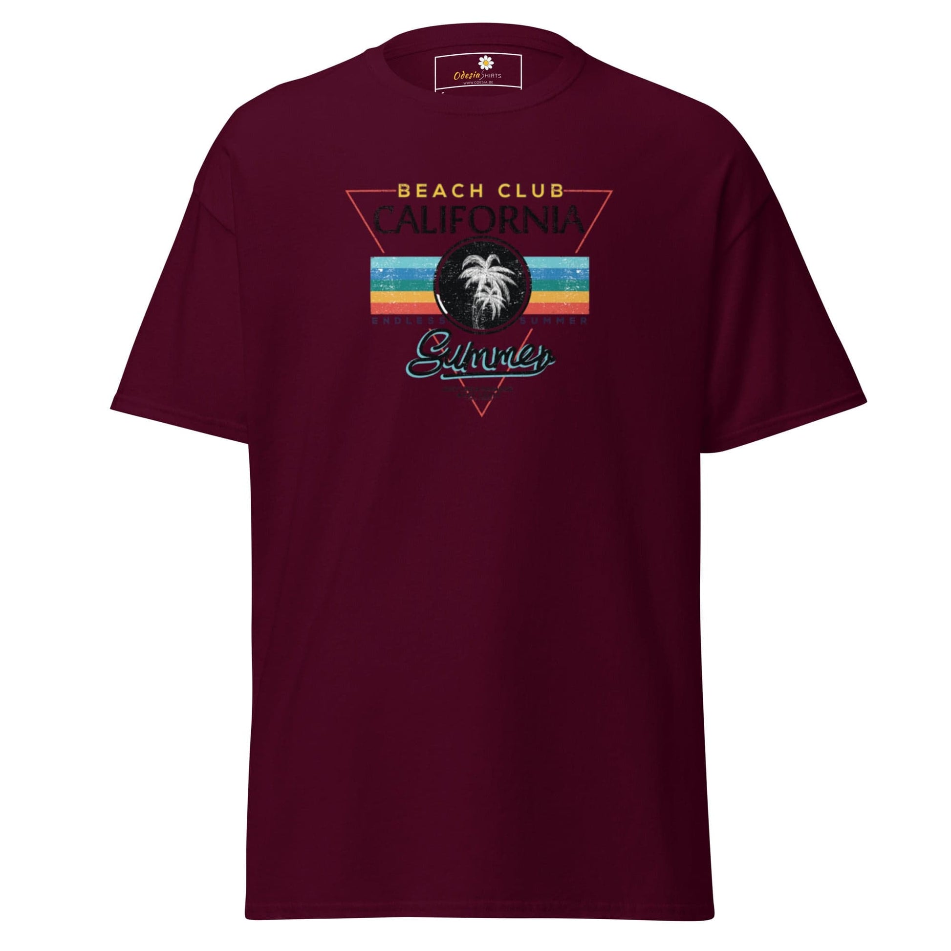 Maroon T-shirt featuring a beach club graphic for men and women sizes S to XL