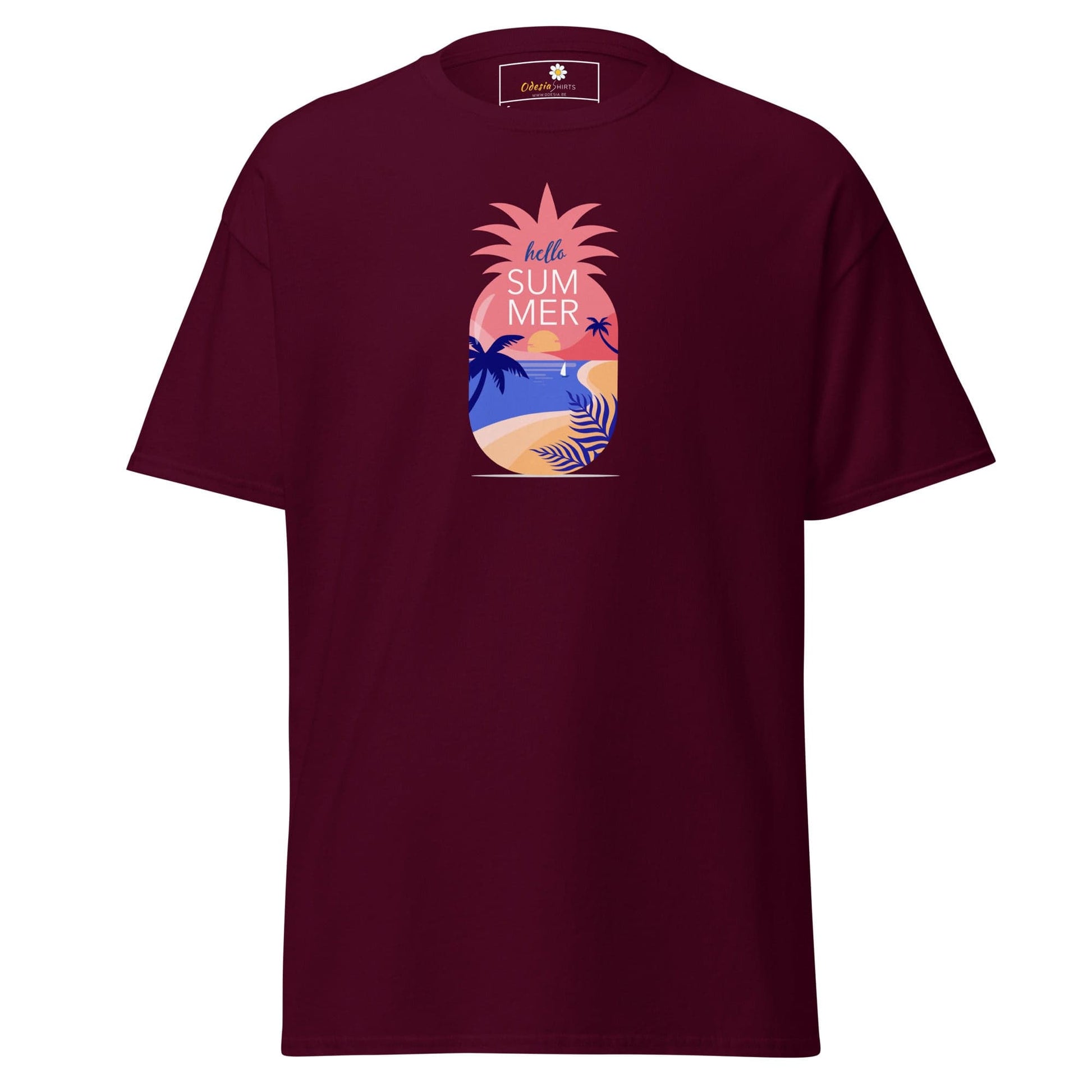 Maroon T-shirt with pineapple graphic for men and women, available in sizes S to XL
