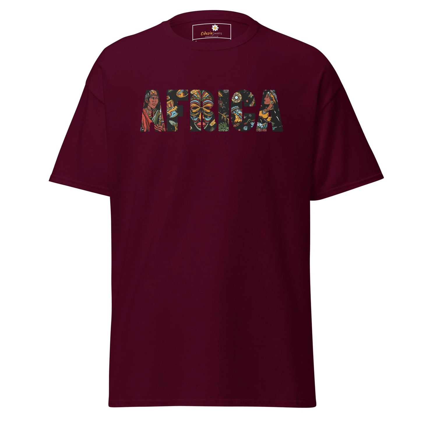 Maroon T-shirt with AFRICA graphic, suitable for men and women, available in sizes S to XL