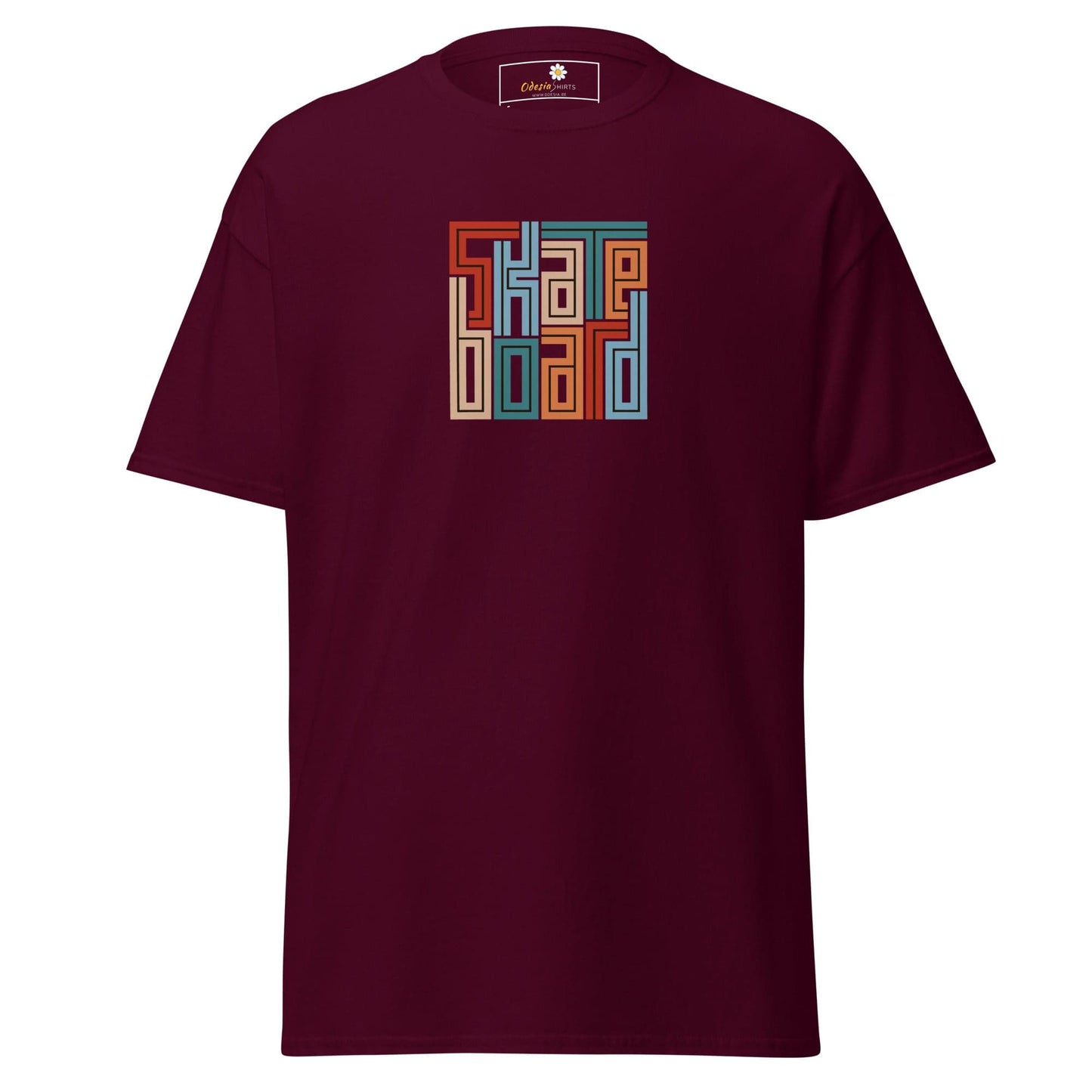 Maroon t-shirt with skateboard graphic for men and women in sizes S to XL
