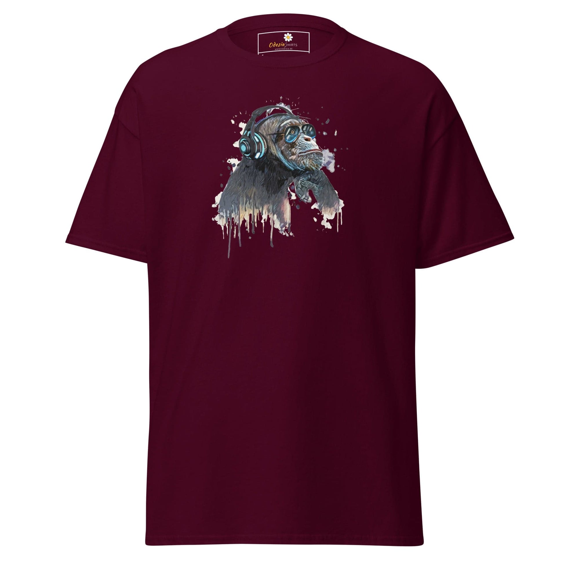 Maroon T-shirt with playful monkey graphic available in S to XL for men and women