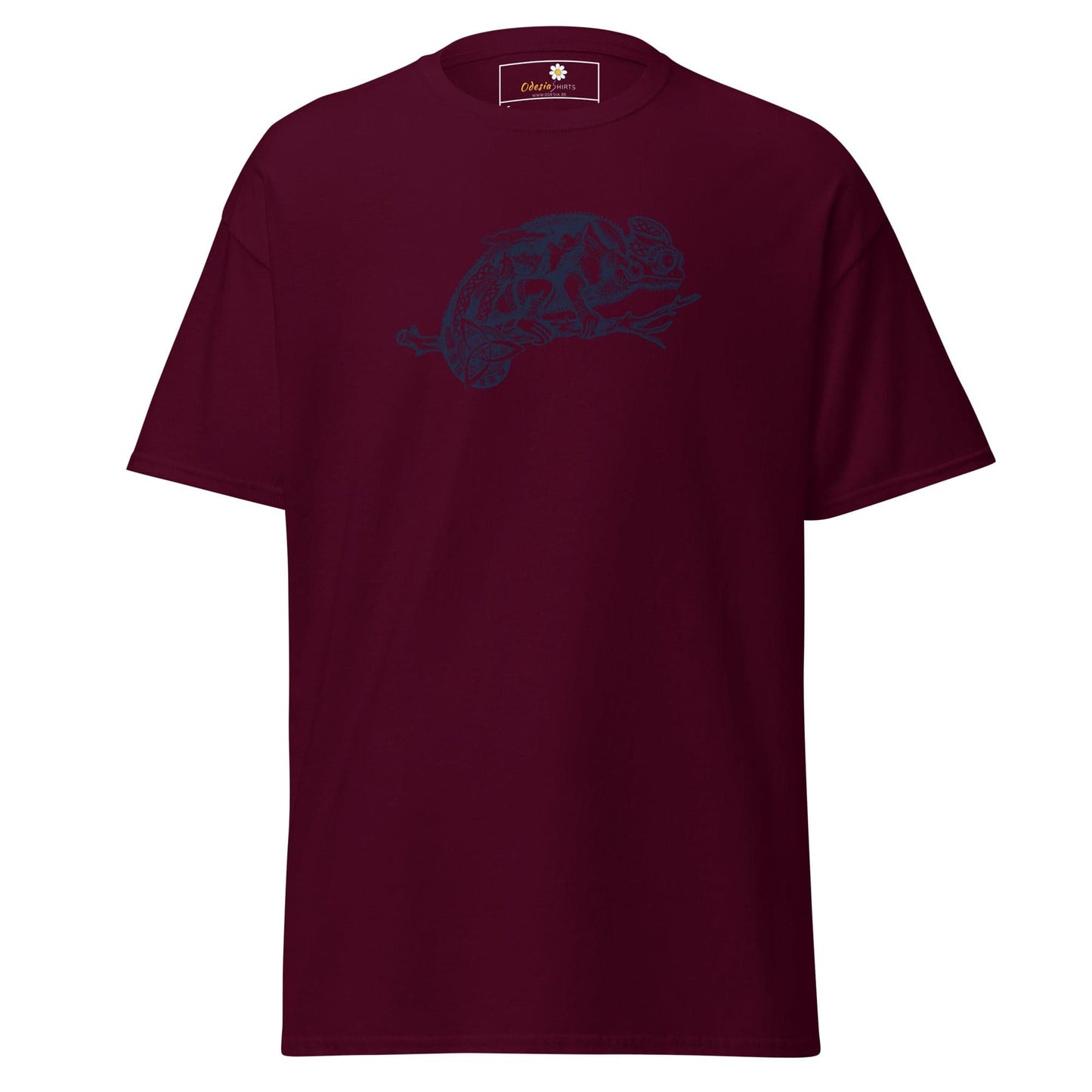 Maroon T-shirt with chameleon graphic, suitable for men and women in sizes S to XL