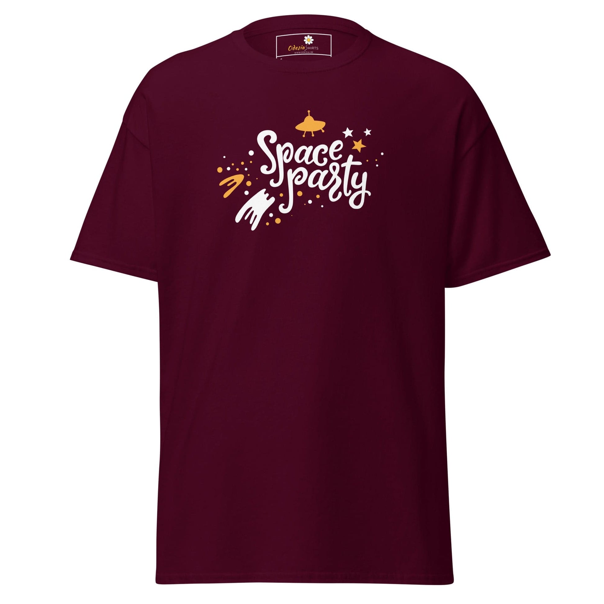 Maroon T-shirt with space party graphic for men and women available in S to XL sizes