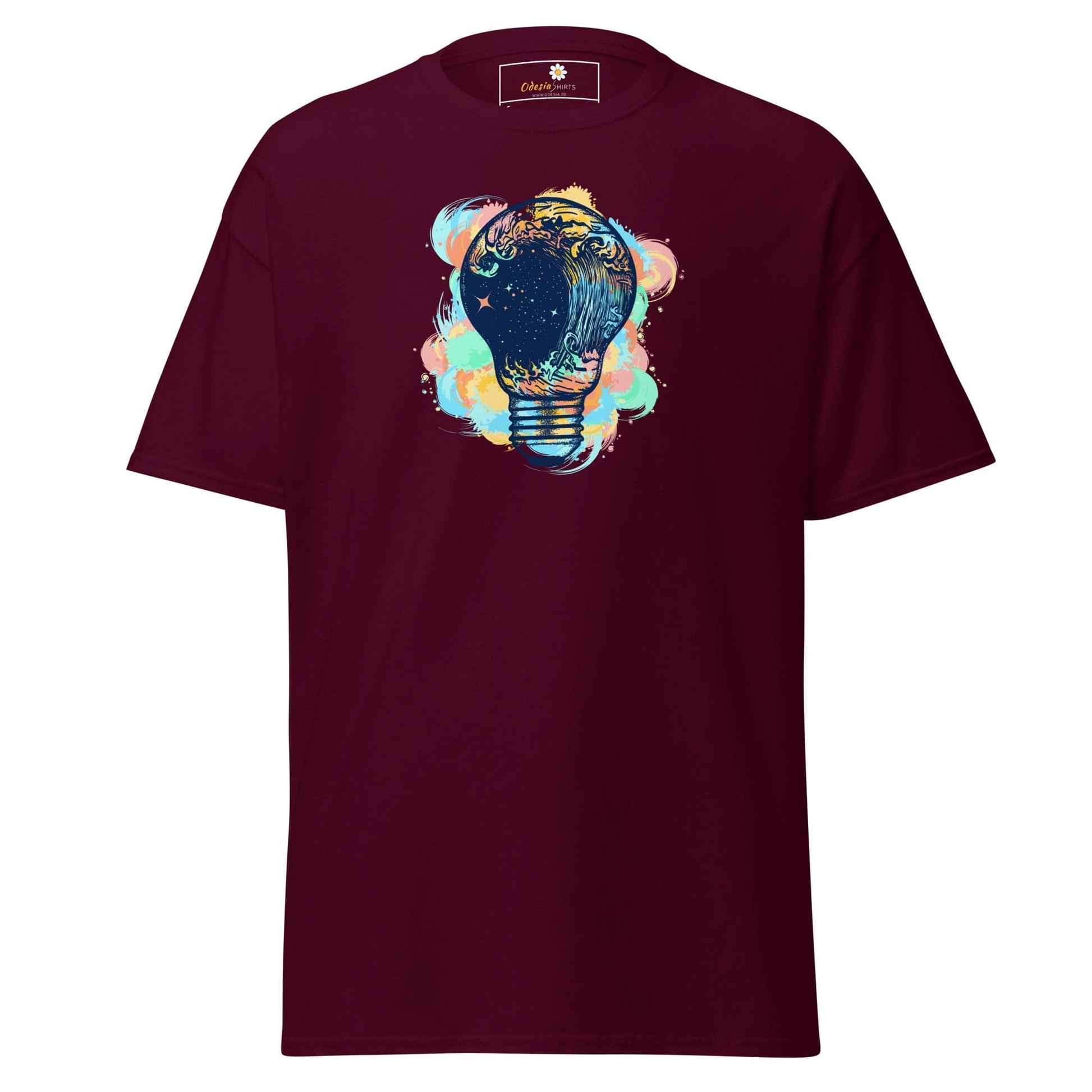 Maroon T-shirt with lightbulb graphic for Men and Women available in sizes S to XL
