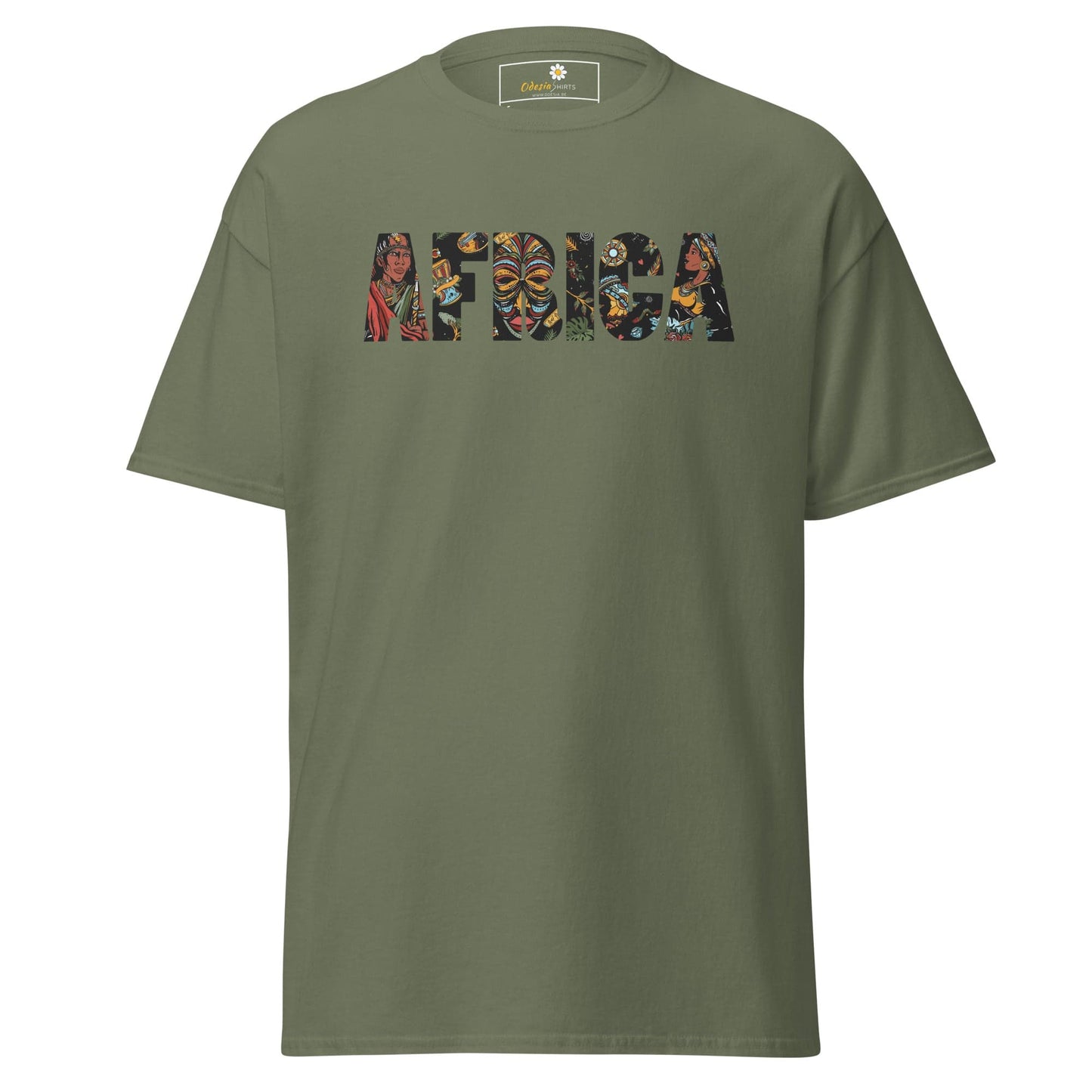 Olive green T-shirt with AFRICA graphic in men’s and women’s sizes S to XL