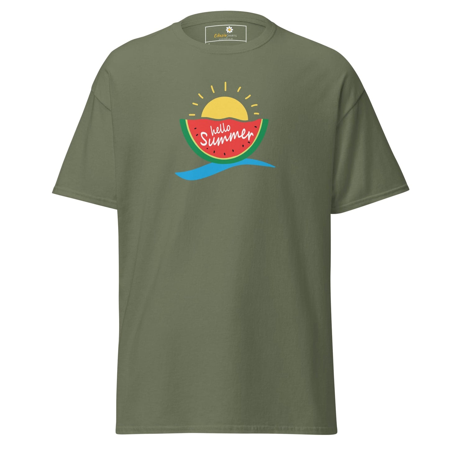 Olive green summer-themed graphic T-shirt for men and women available in S to XL sizes